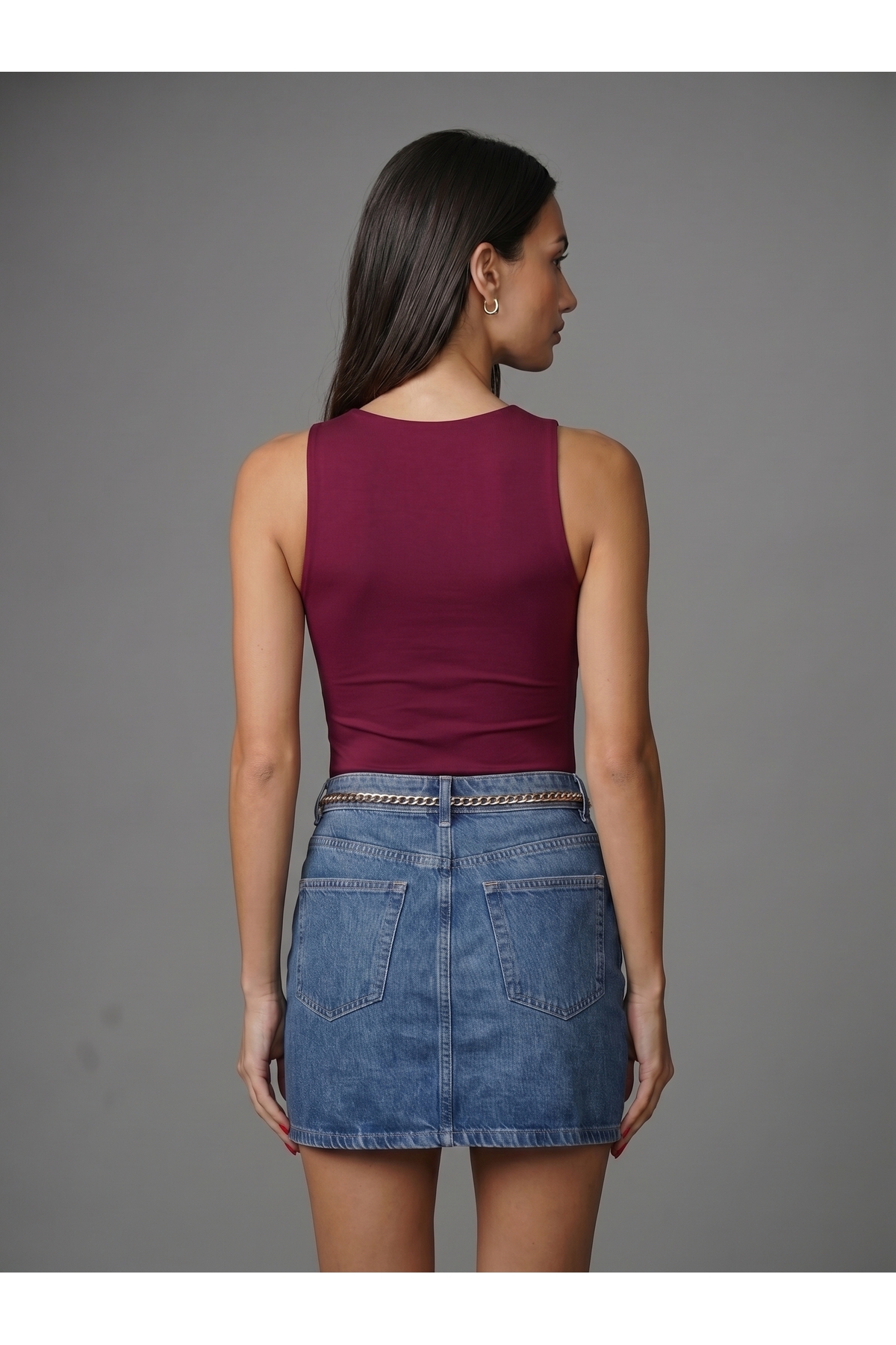 Kadın Bordo Halter Yaka Slim Fit Likralı Bodysuit Günlük Şık Çıtçıtlı Body 5
