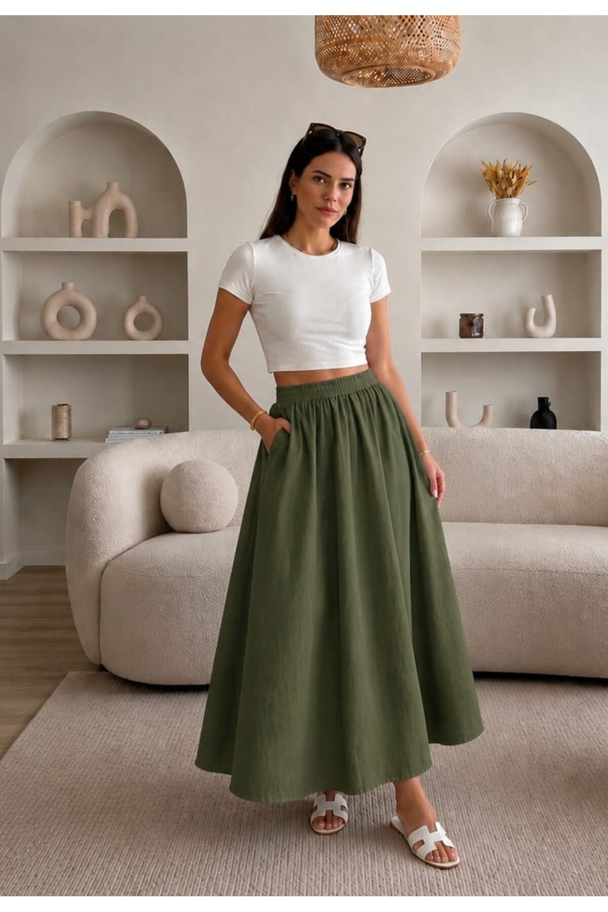Gülmude Çift Cepli Poplin Kumaş Beli Lastikli İç Göstermez Maxi Etek (90 CM)