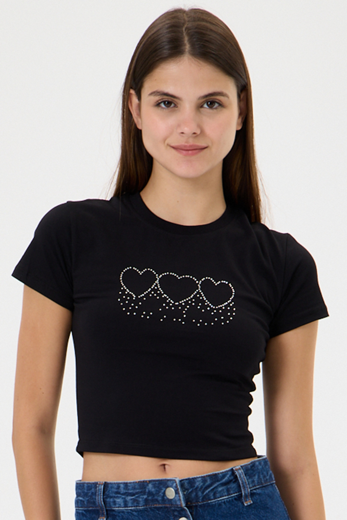 3 ROPE Hearts Stone Printed Crop Baby Tee- Trendyol