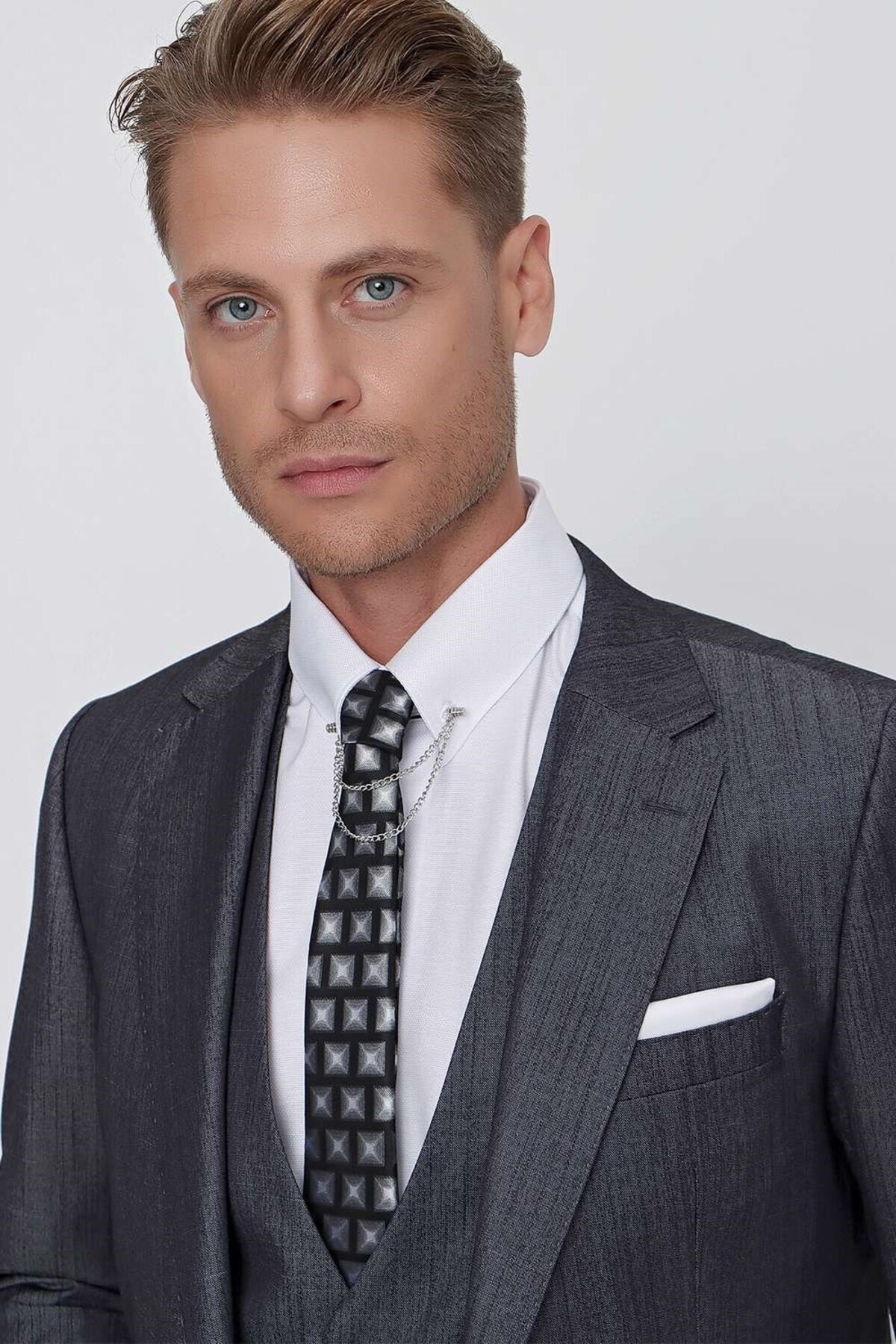 Efor Slim Fit Çift Yırtmaç Doku Desenli Antrasit Yelekli Takım Elbise TK 858 görsel 8