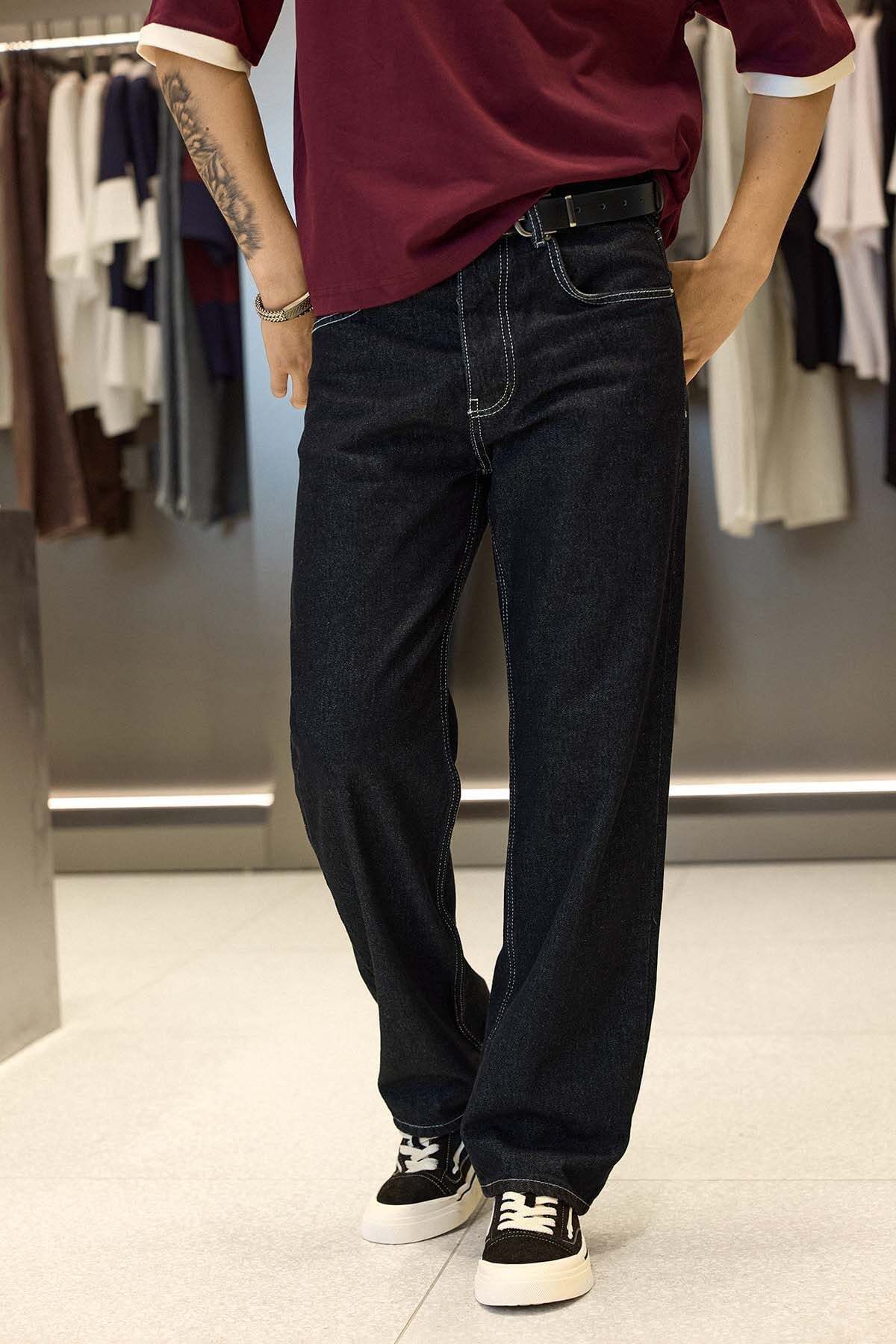 ablukaonline Erkek Baggy Fit Kontrast Dikişli Jean Pantolon Siyah görsel 6