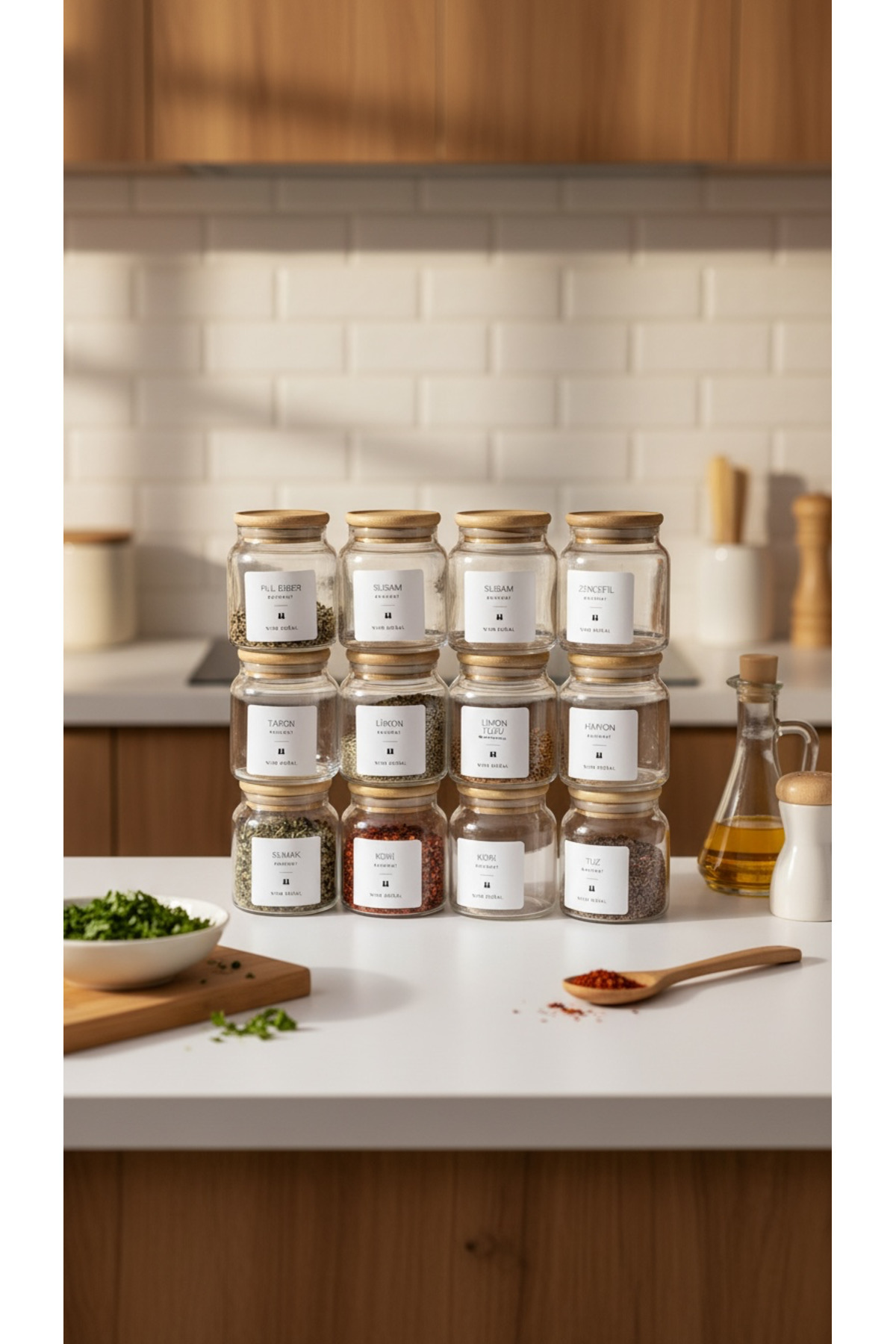 12-Piece Bamboo Vacuum Lid Glass Spice Holder Set 300ml