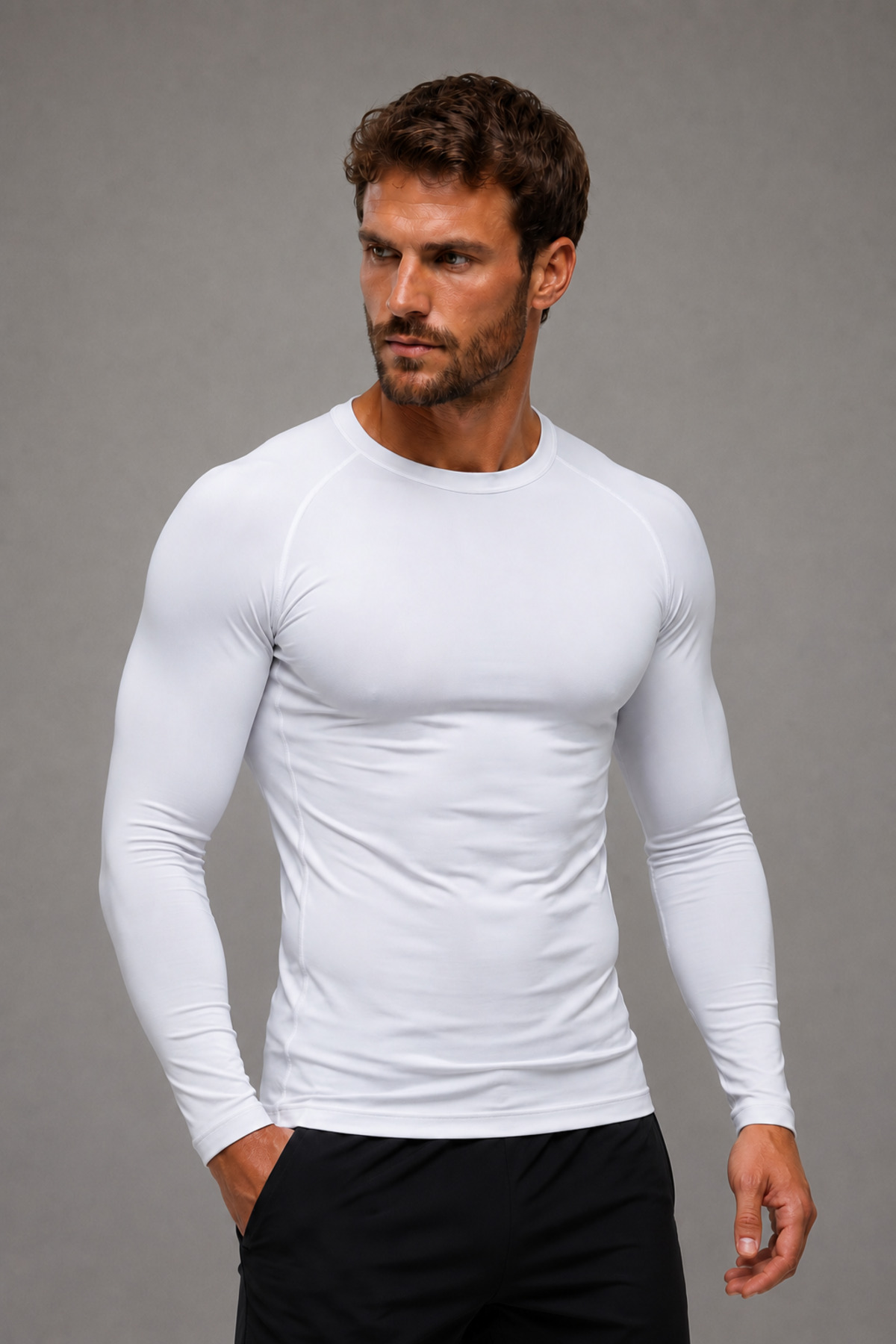 Unprinted White Compression Lycra Bodystick Bodysuit Underwear T-Shirt Long Sleeve Gym Fitness