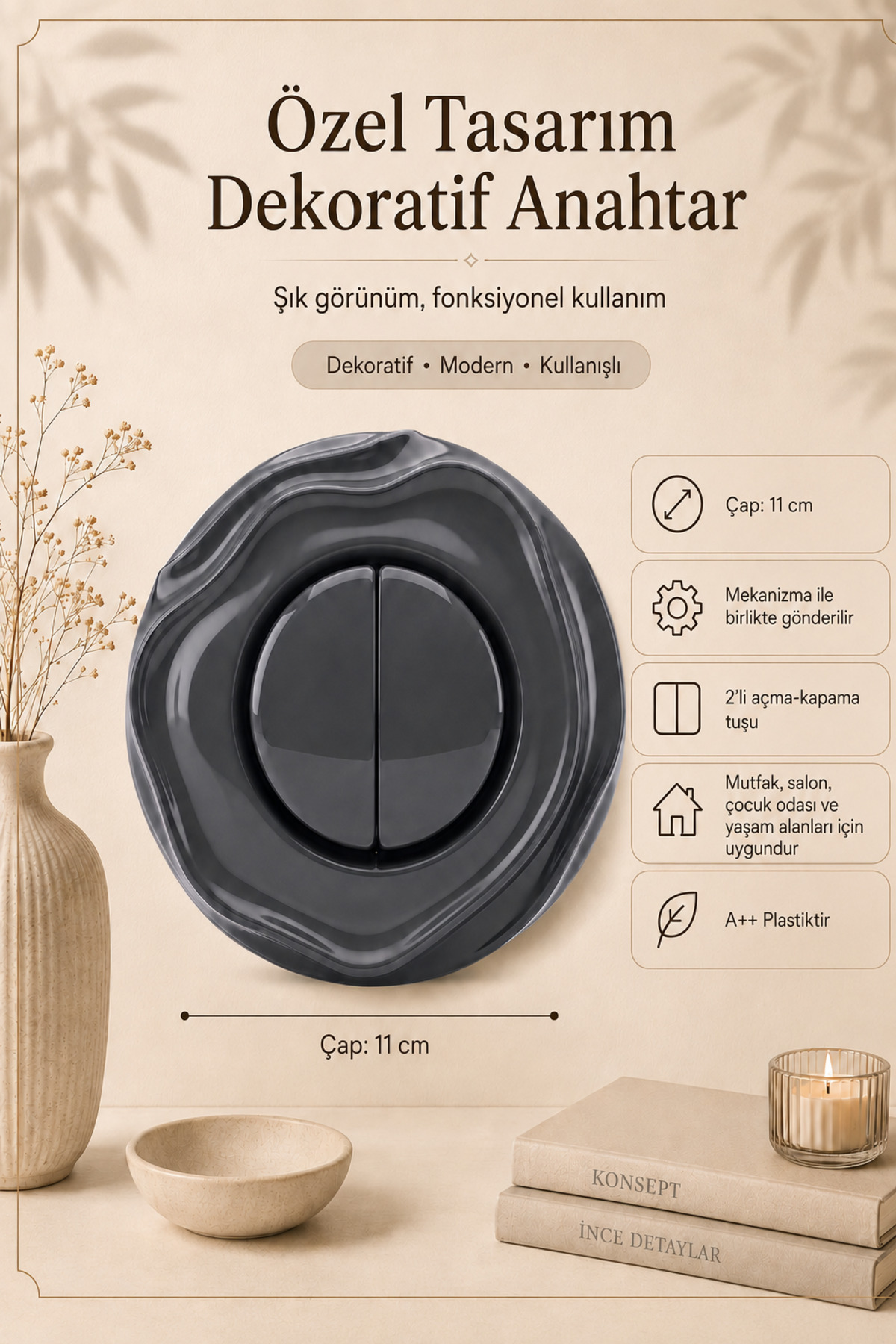 Özel Tasarım Wavy Serisi Gri Renk Dekoratif Anahtar A Kalite Plastik (Mekanizma Dahildir)