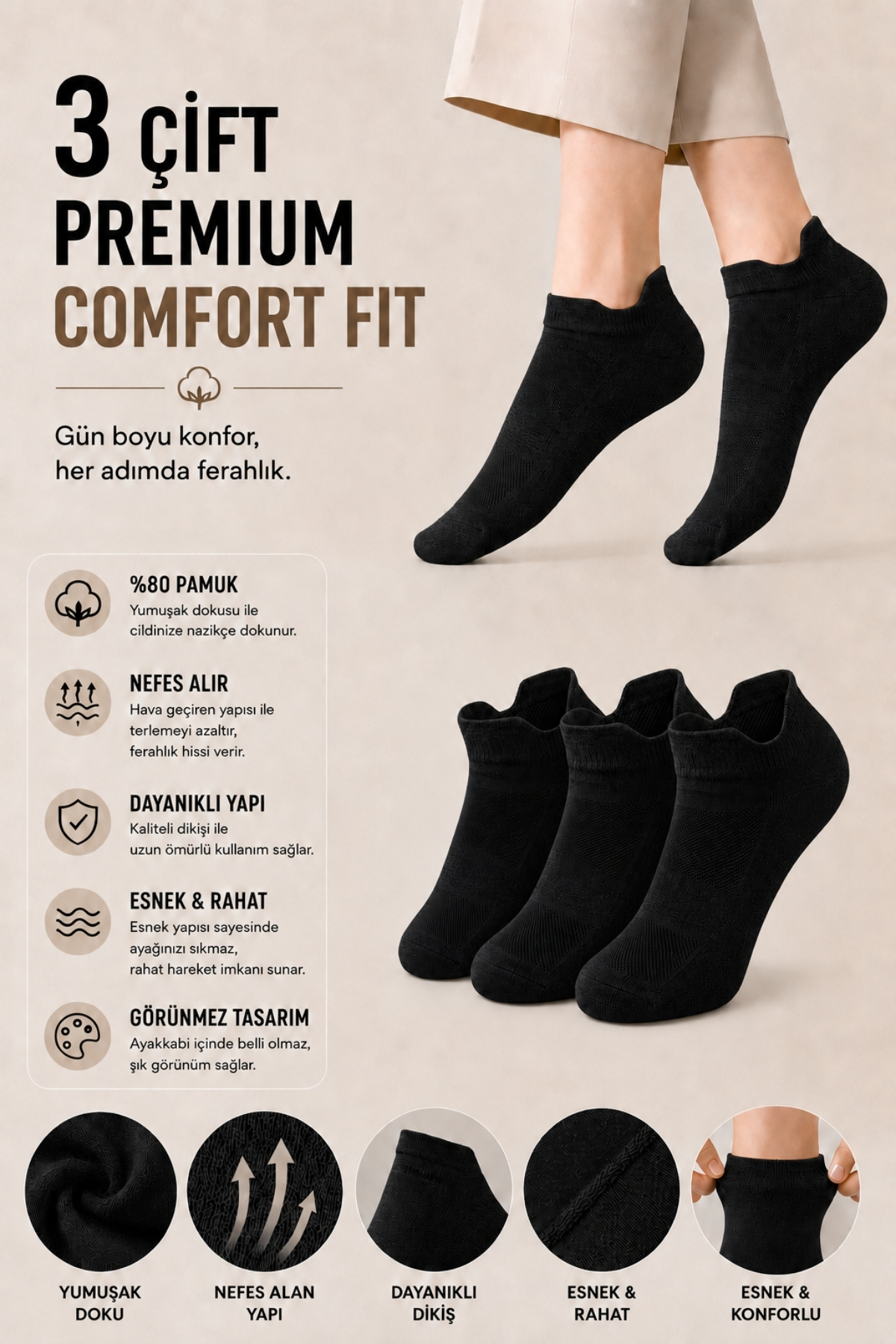 Dore Orijinal 3 Çift Unisex Kulaklı Ayakkabı Arkasını Vurmayan Konfor Modeli Ter Emici Nefes Alan 4 Mevsim Kullanım Özel Tasarım Bilek Boy Premium Pamuklu Günlük 3'lü Sneaker Spor Ayakkabı Çorabı