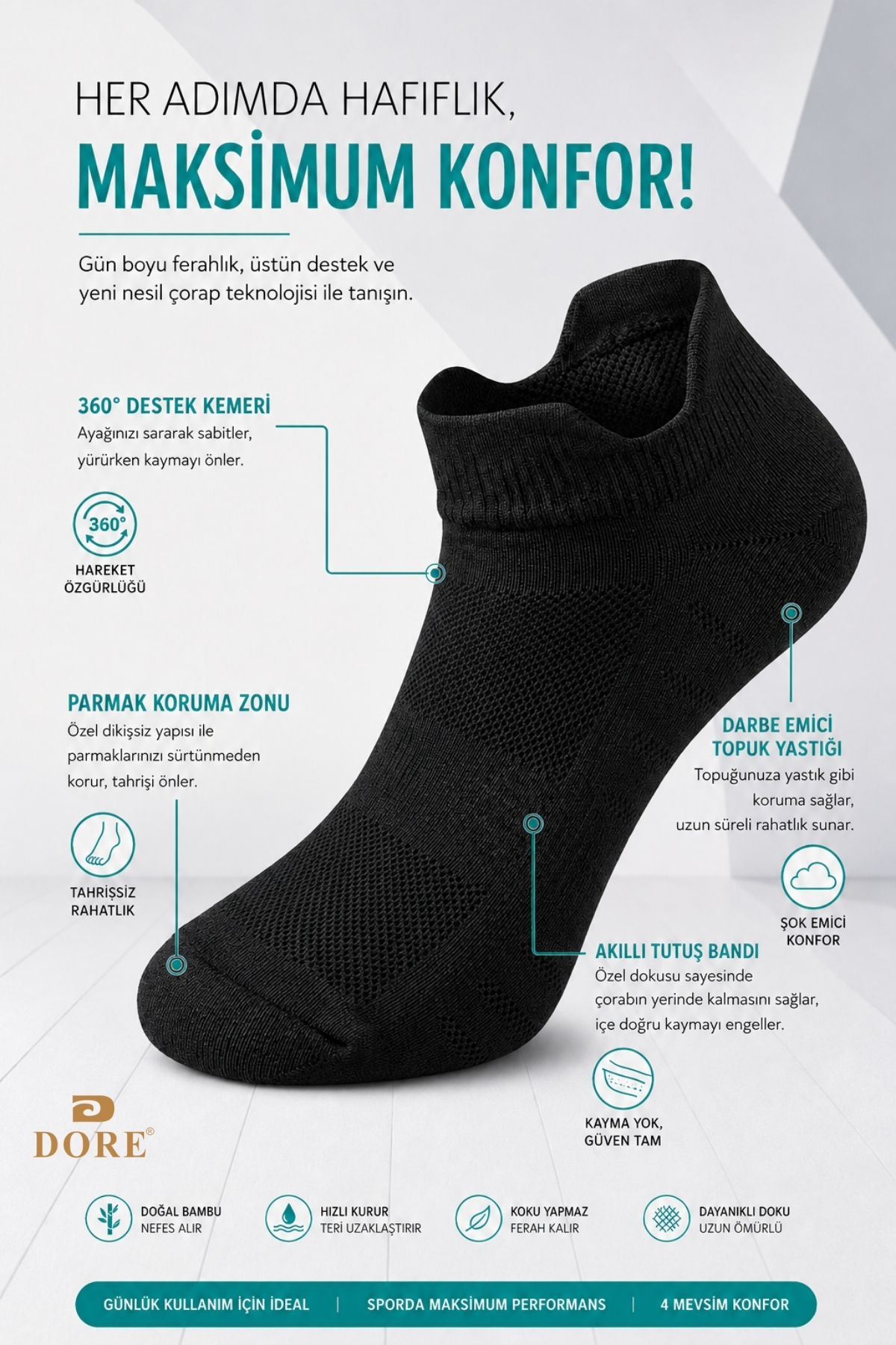 Dore Orijinal 3 Çift Unisex Kulaklı Ayakkabı Arkasını Vurmayan Konfor Modeli Ter Emici Nefes Alan 4 Mevsim Kullanım Özel Tasarım Bilek Boy Premium Pamuklu Günlük 3'lü Sneaker Spor Ayakkabı Çorabı görsel 3