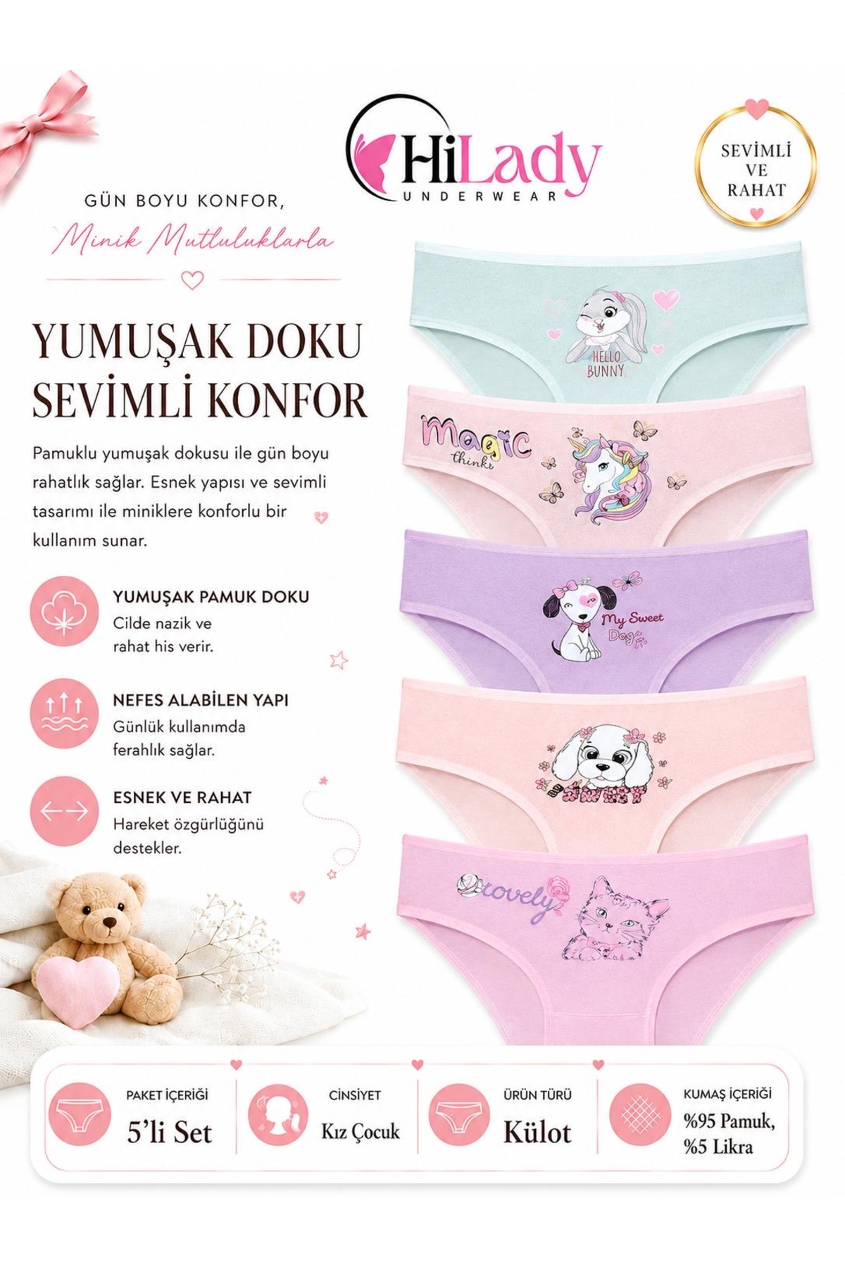 5-PACK GIRLS PIECE PRINTED COTTON SOFT COLOR PANTIES
