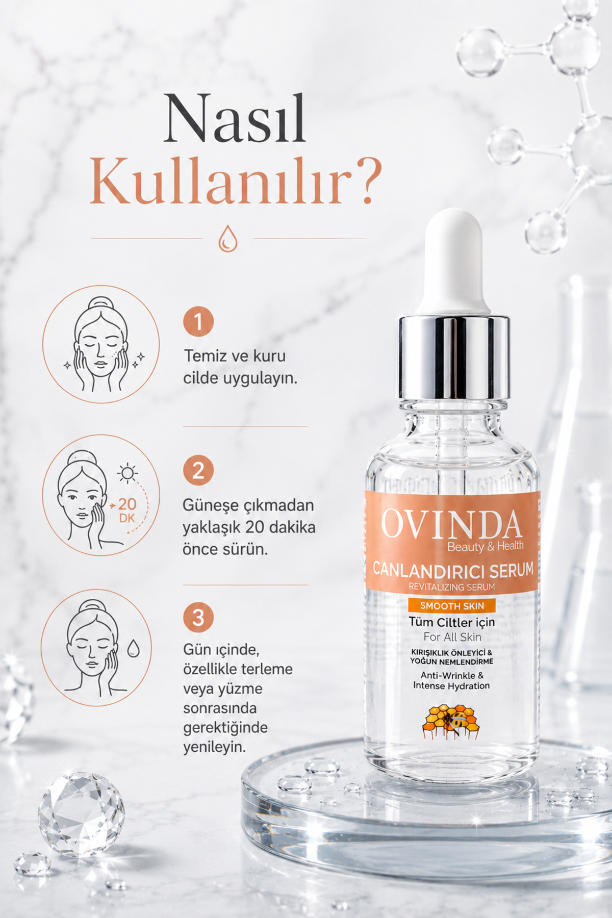 Hyaluronik Asit Serum Yoğun Nemlendirici Kırışıklık Karşıtı Kolajen C Vitaminli Canlandırıcı Yüz Serumu 30 ml — OVD-01.06 — تصویر 4 از 8