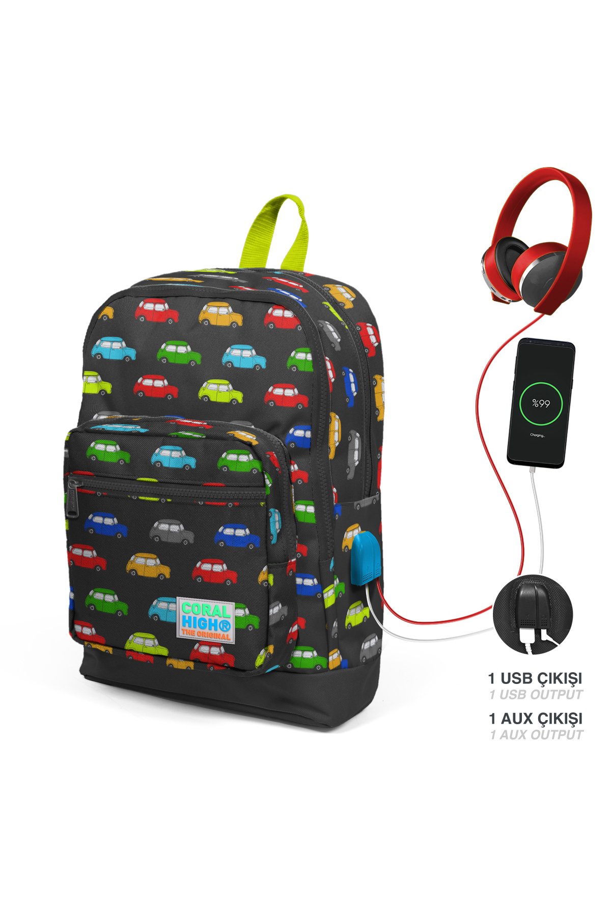 Kids Grey Car Pattern Usb Rechargeable Headphone School Backpack with Spout