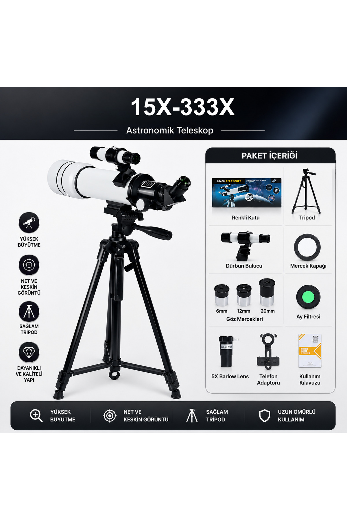 GreaTech F400x70 Profesyonel Astronomik Uzay-Doğa Gözlem Teleskobu