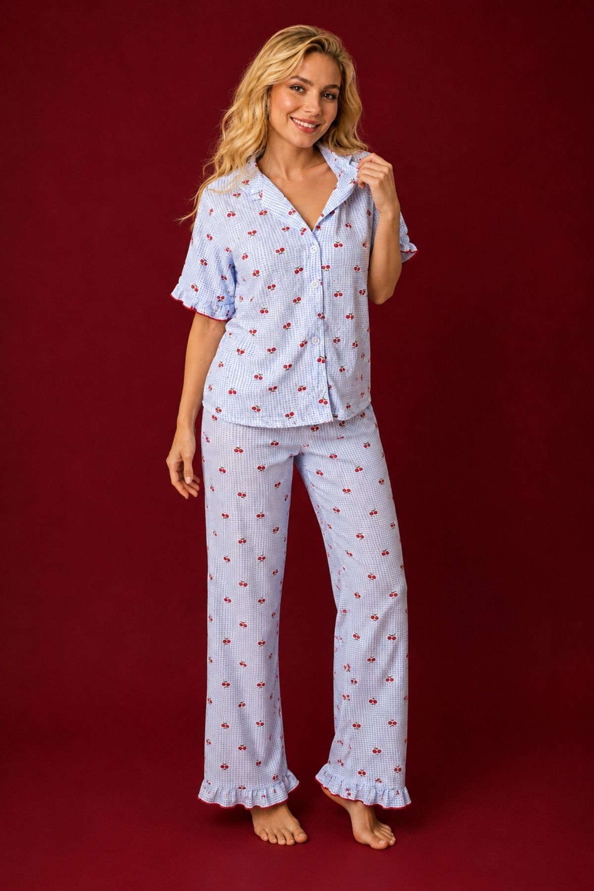 BELLA NOTTE Blue Soft Cherry Patterned Short Sleeve Summer Pajama Set
