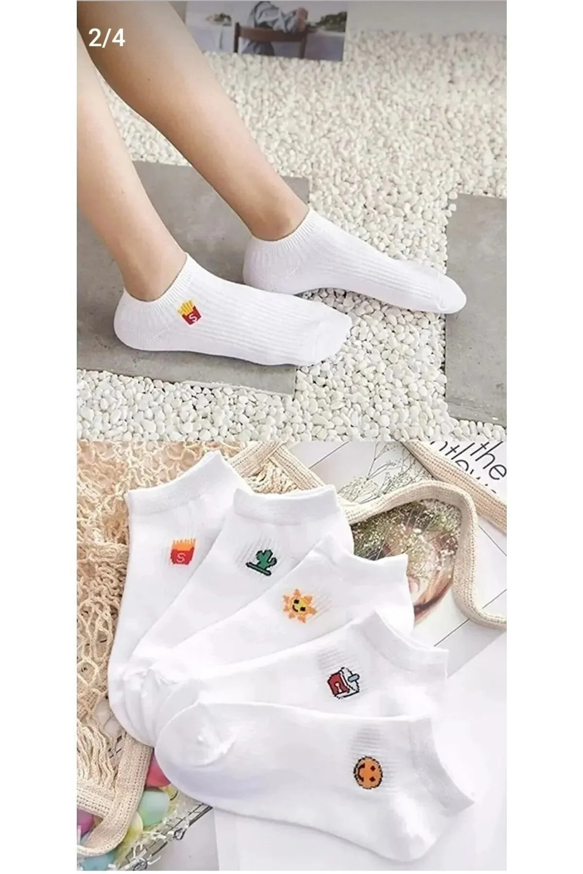 5'li Eğlenceli Emoji Desenli Beyaz Yazlık Kadın Patik Çorap Set — görsel 2 · 9020060506497