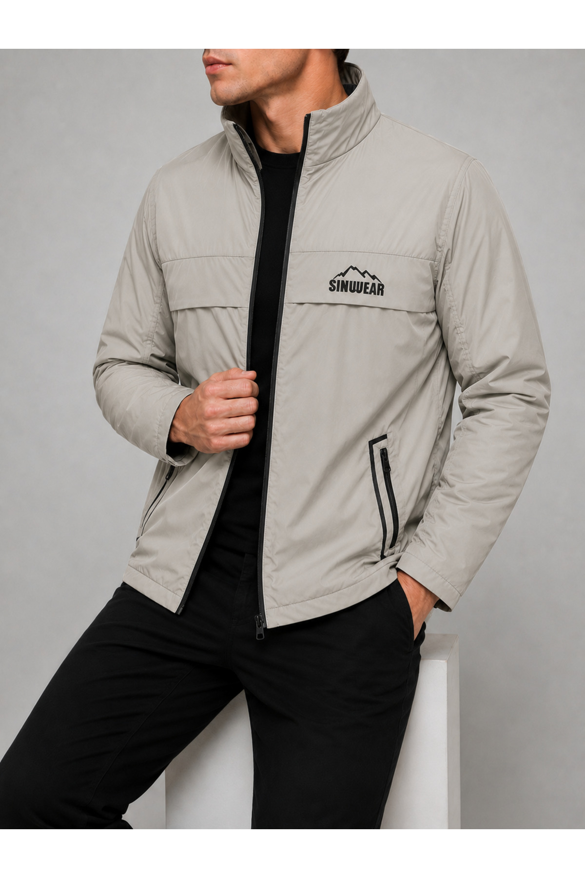 Sınwear Erkek Bej Baharlık Su ve Rüzgar Geçirmez Mont Dik Yaka Mevsimlik Fermuarlı Spor Outdoor Ceket