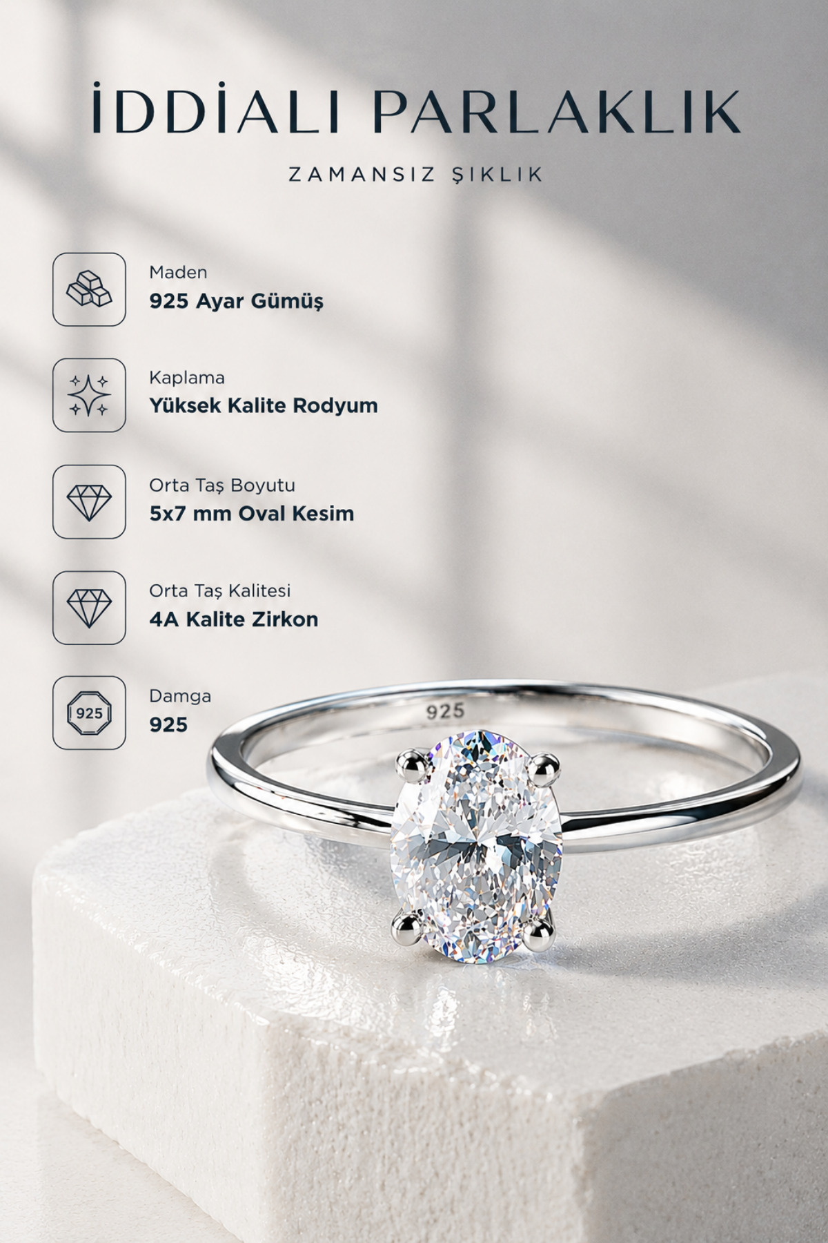 KLAZOJEWELRY 925 Ayar Gümüş Üzeri Yüksek Kalite Rodyum Kaplama Oval Kesim Minimal Tektaş Yüzük görsel 6
