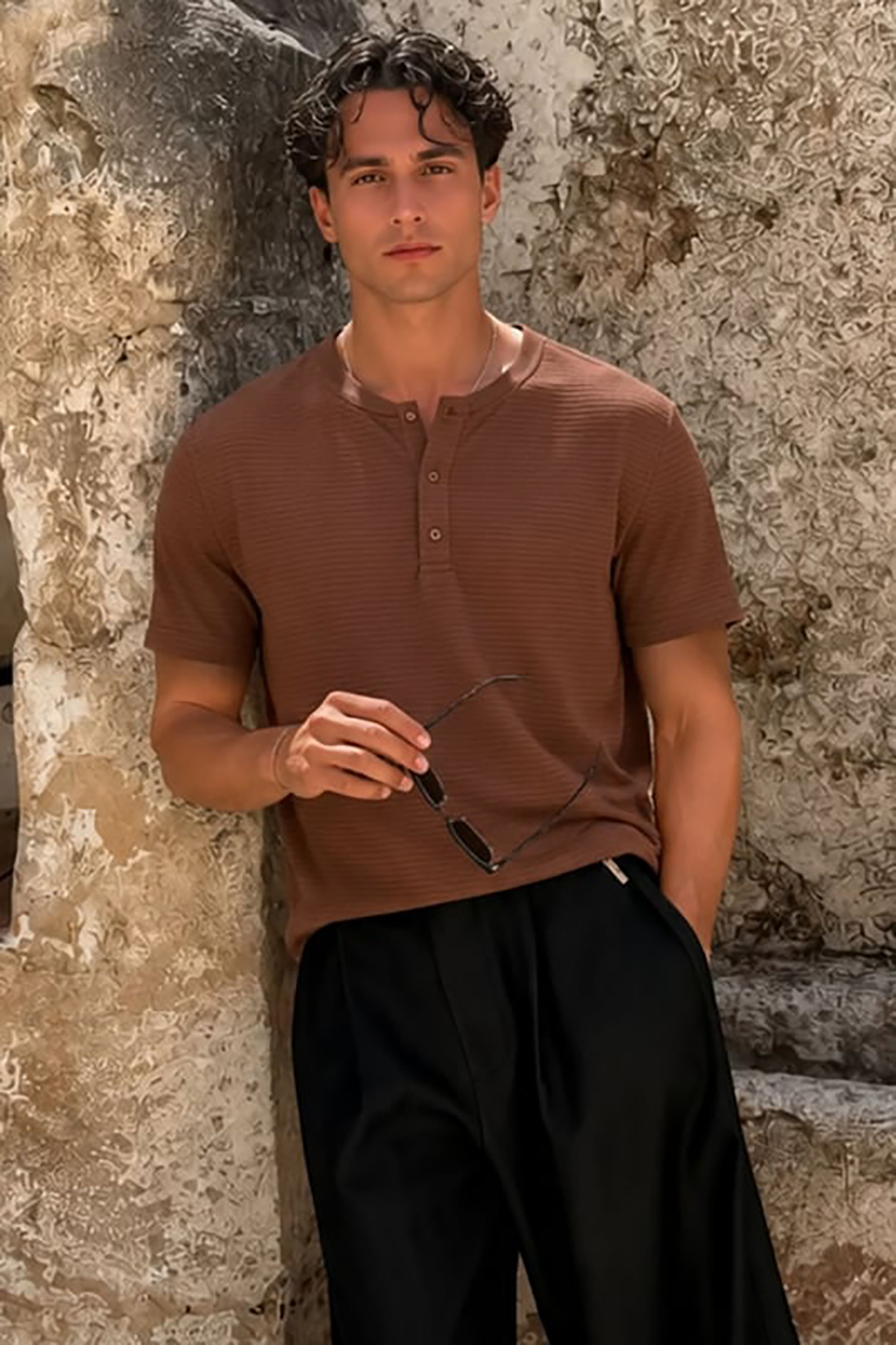 Madmext Brown Buttoned Knitwear Men's T-Shirt 5842