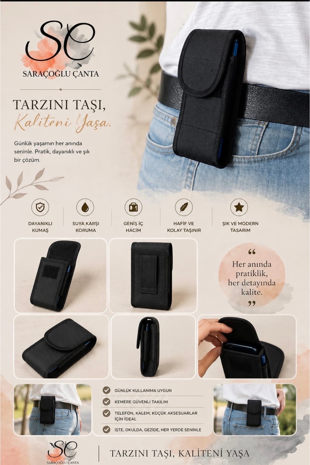 Genel Markalar Siyah Erkek Imperteks Cırtlı Kapaklı Kemere Takılan Telefon Kılıfı
