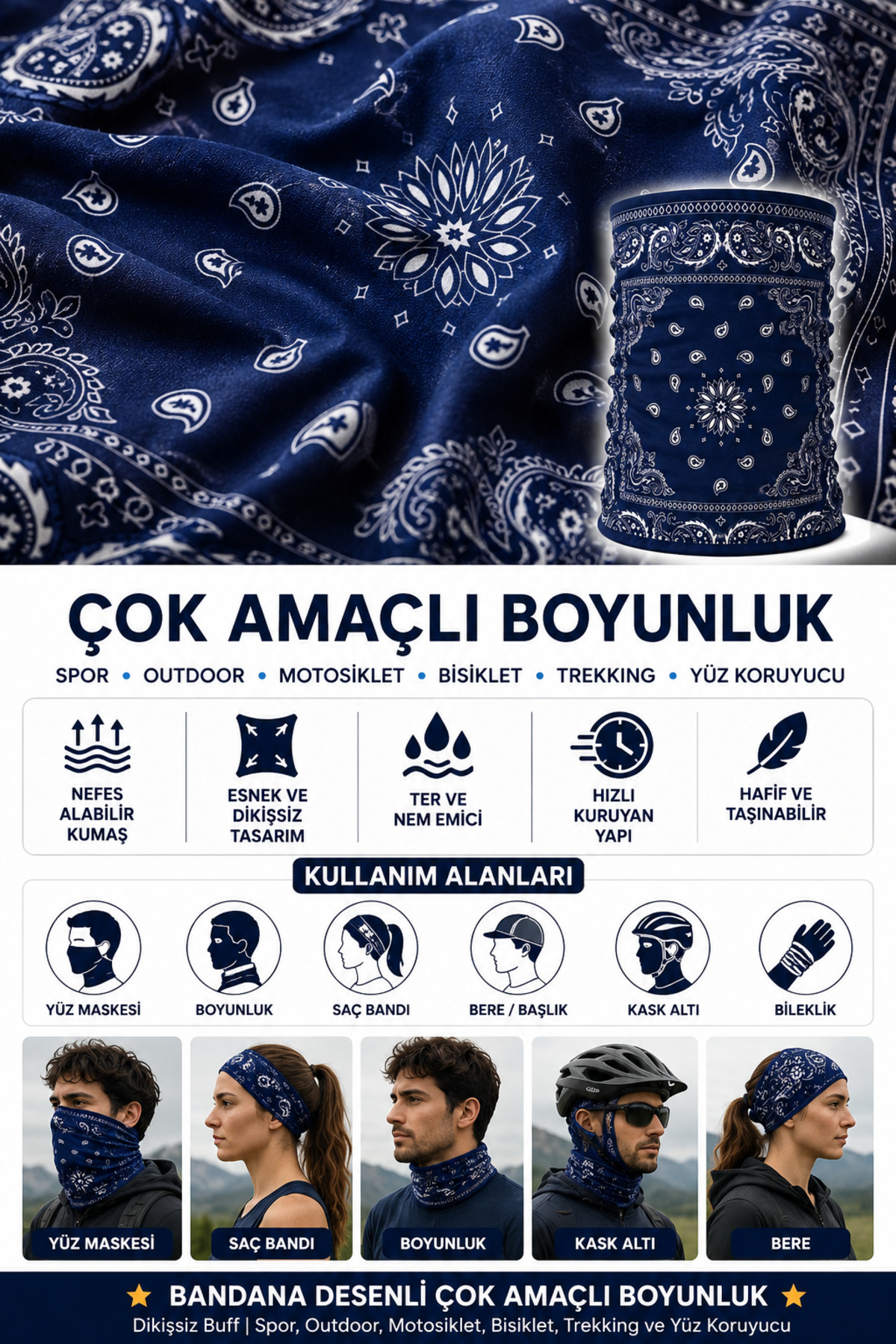 FG KONNİCHİWA Bandana Siyah Etnik Bandana Yüz Maskesi ve Boyunluk ve Günlük ve Motosiklet Kullanımı UV Korumalı Çok Amaçlı Boyunluk görsel 2