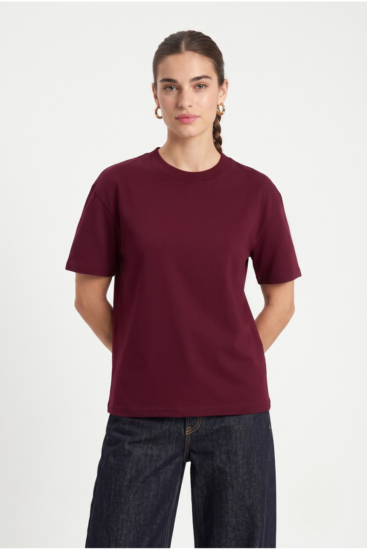 Ritnice Kadın Rise Dekoratif Yaka Tok Doku %100 Pamuk Bordo T-Shirt görsel 5
