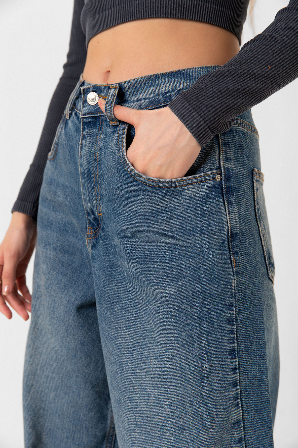 Maule Toka Detaylı Bol Kesim Geniş Paça Rahat Baggy Jean Kot Salaş Kadın Pantolon @Milano görsel 7
