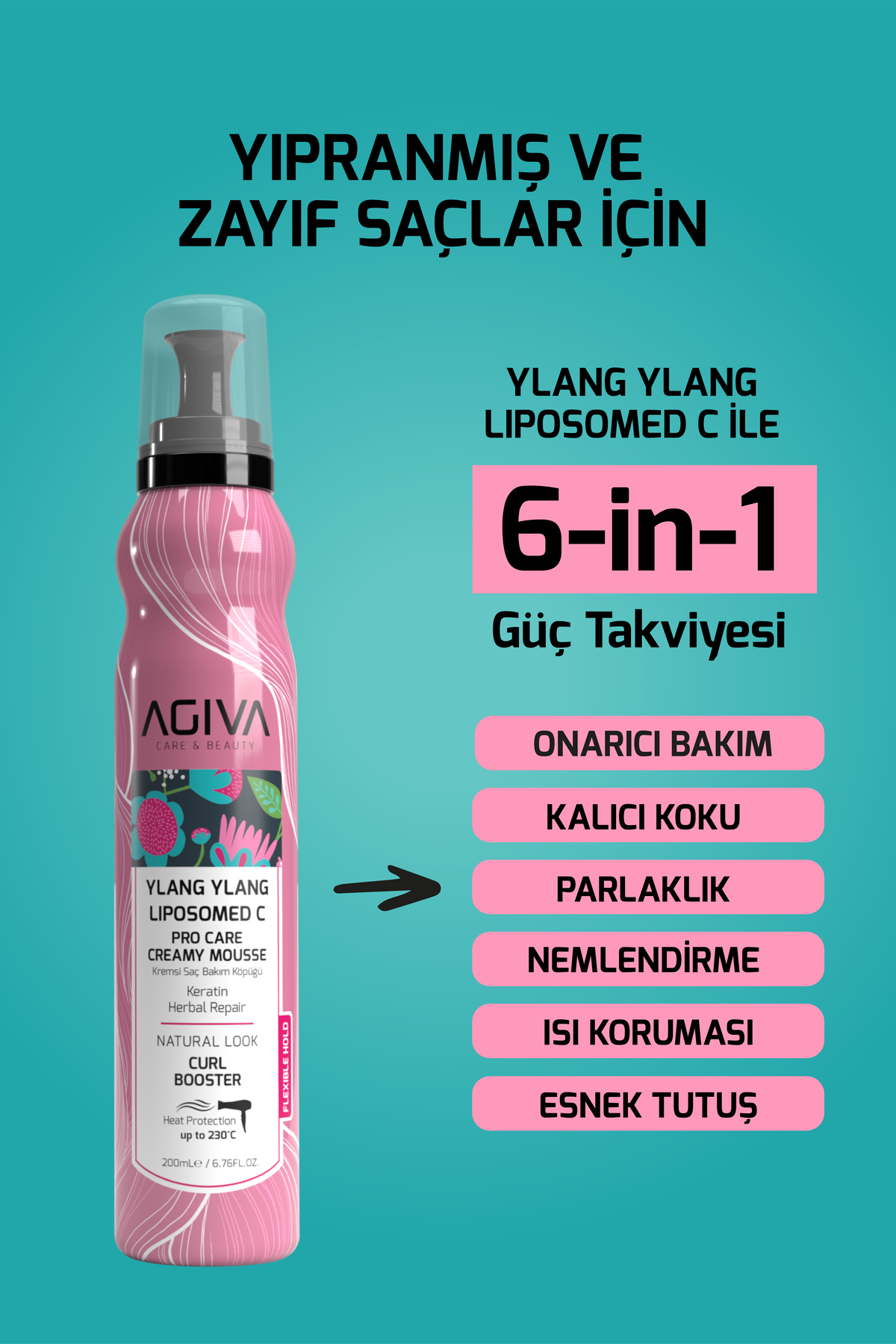 Ylang Ylang Liposom C İçeren Doğal Görünüm Sağlayan Kremsi Saç Köpüğü - Esnek Tutş - Isı Koruyucu - 200 ml — YLANGKÖPÜK — تصویر 2 از 6