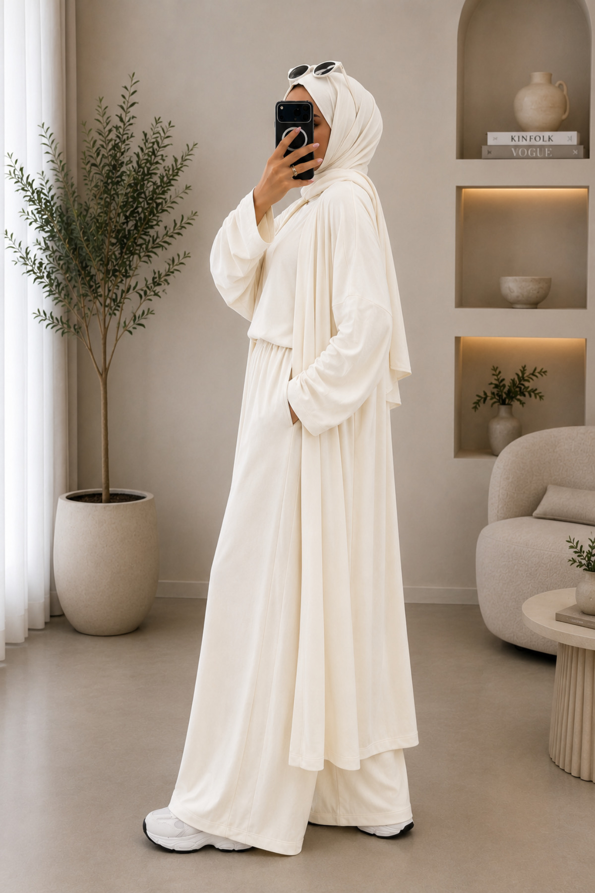 Balenbi Kadın Penye Uzun Hırka Bluz Geniş Paça Pantolon Abaya Takım Ekru 1217 görsel 2