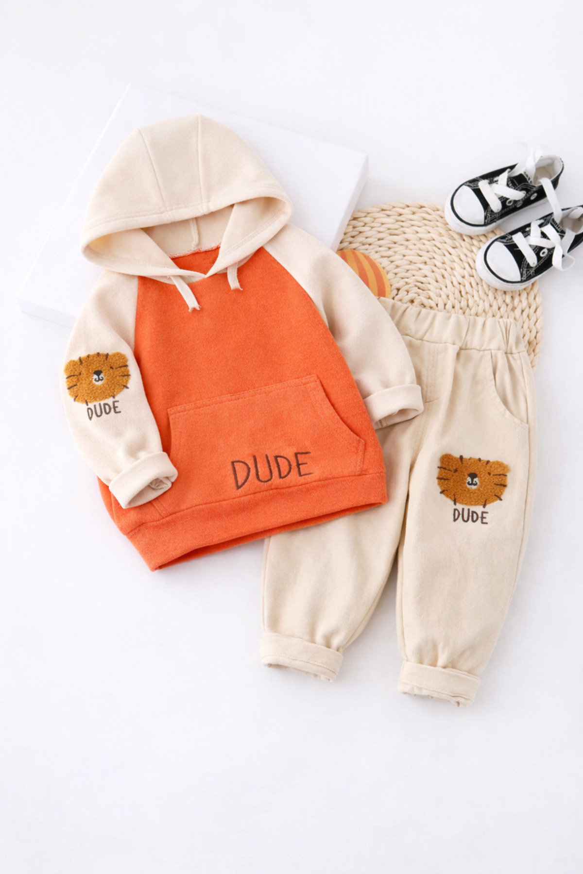 Bubito Dude Patterned Hooded Baby Top and Bottom Set Orange