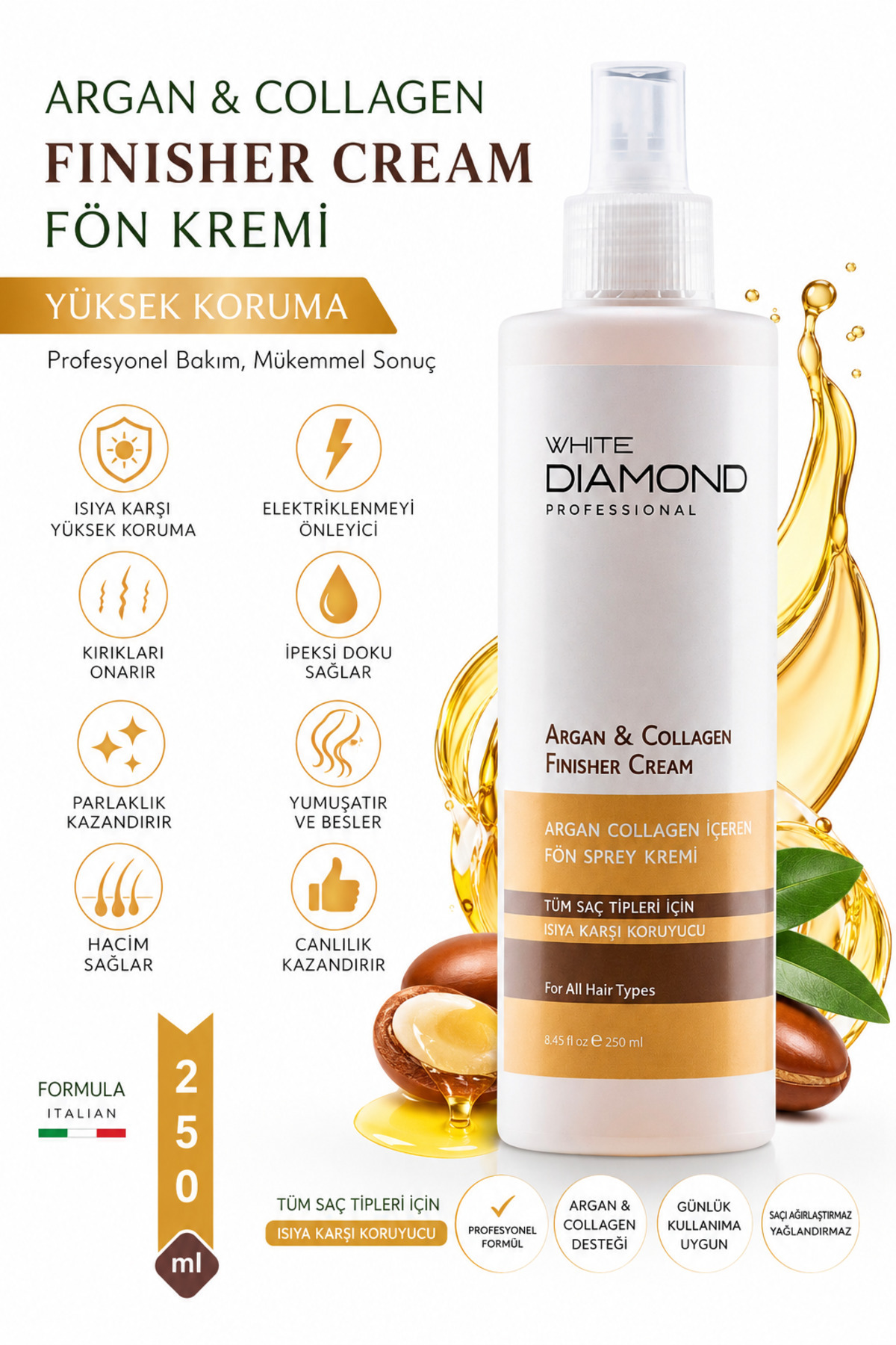 WHİTE DİAMOND Isıya Karşı Güçlü Koruyucu Argan Kolajen Keratin Içeren Saç Bakım spreyi Fön kremi 250 ml — ER0000026