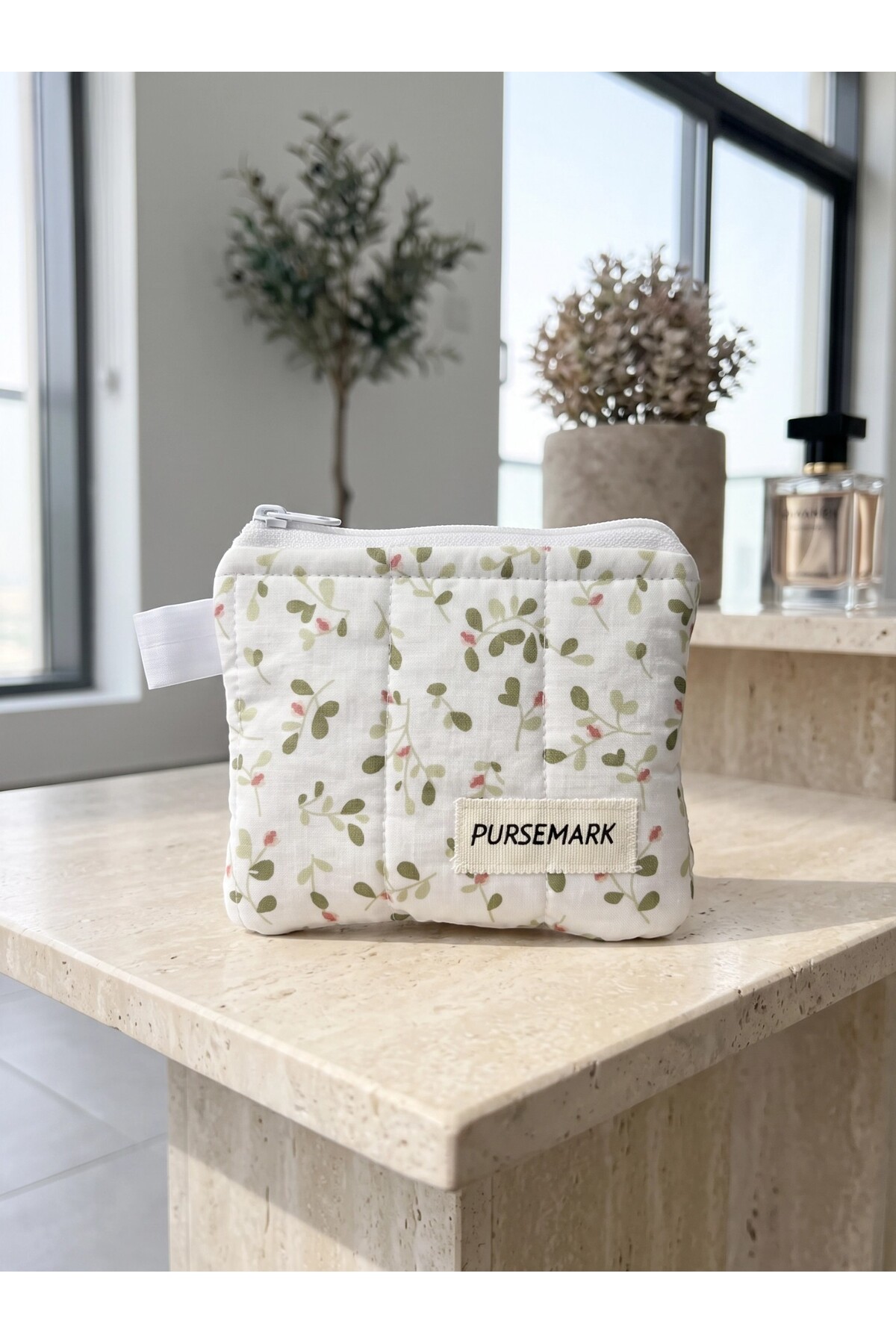 PURSEMARK Ekru Yeşil Çiçek Desenli El Yapımı Küçük Cüzdan görsel 4