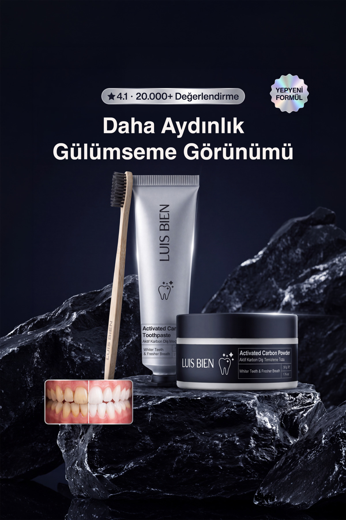 Luis Bien Aktif Karbon Diş Temizleme ve Beyazlatma Seti | Macun + Toz + Bambu Fırça ürün görseli
