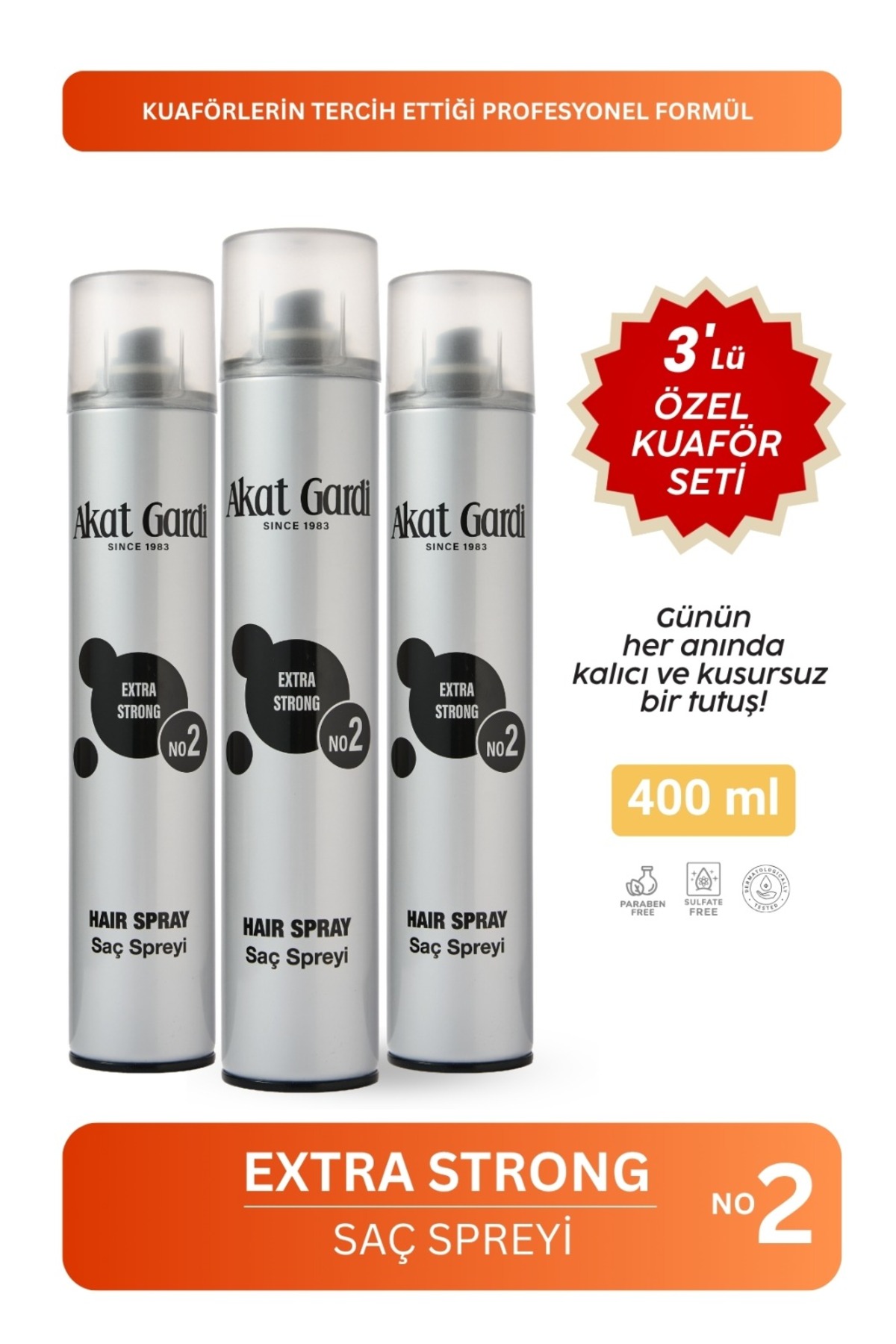 Akat Gardi Saç Spreyi Extra Strong Gri 400Ml.3'Lü Özel Set — 3LÜGRİSPREY
