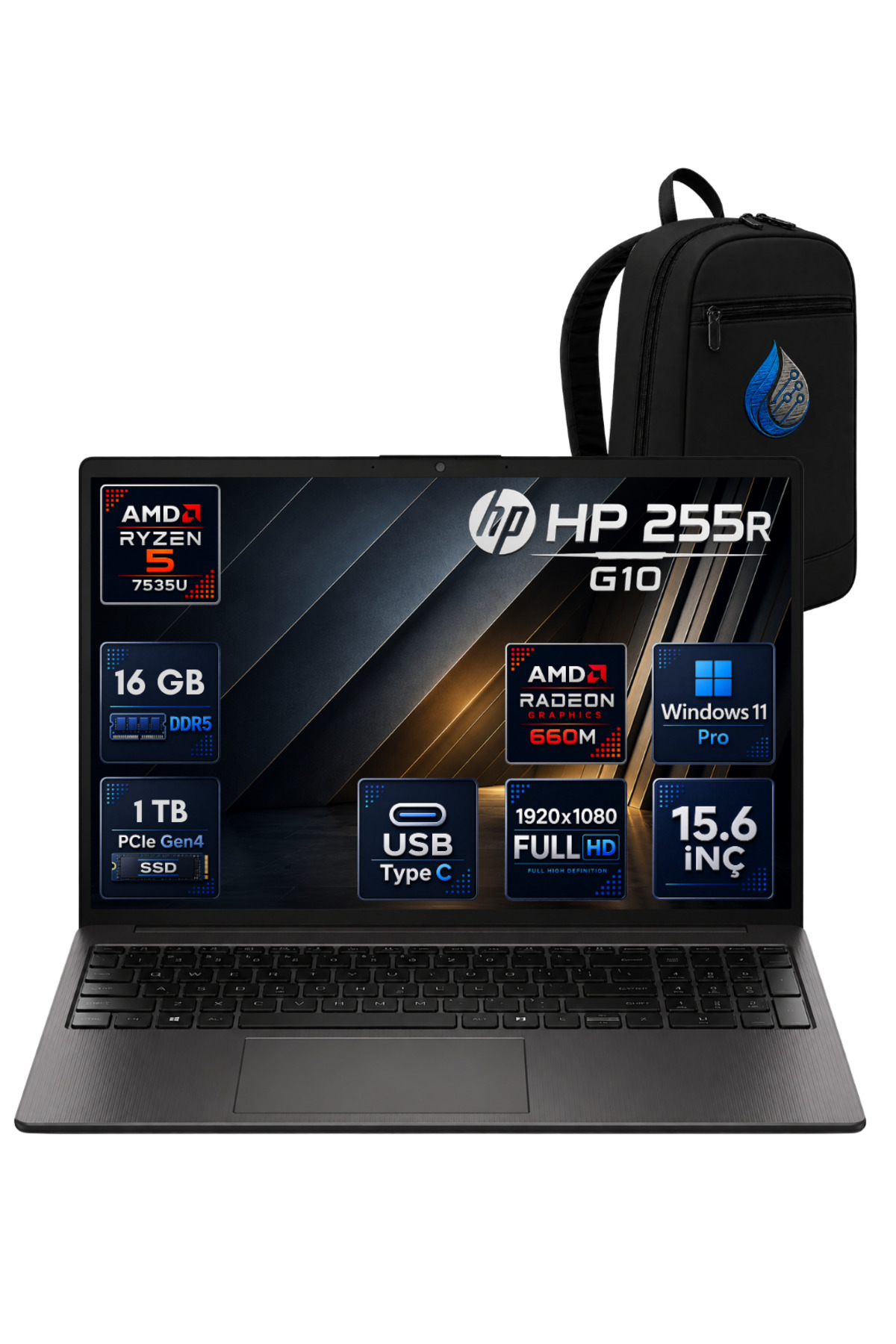 HP 255R G10 AMD Ryzen 5 7535U 16 GB DDR5 1 TB SSD Radeon 660M 15.6'' Full HD Windows 11 Pro Dizüstü İşlemci