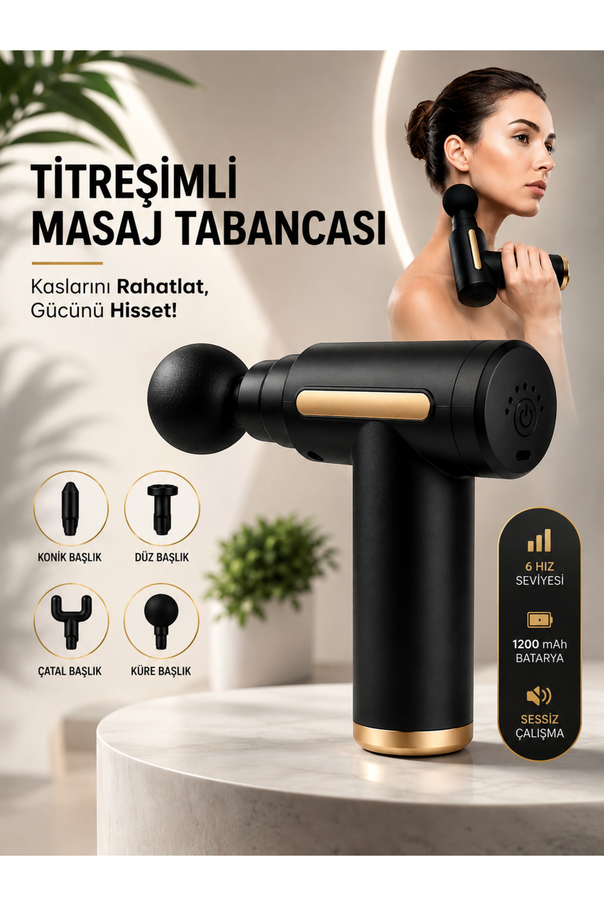 Yeni Nesil Şarjlı Masaj Tabancası Sporcu Masaj Aleti 4 Başlıklı