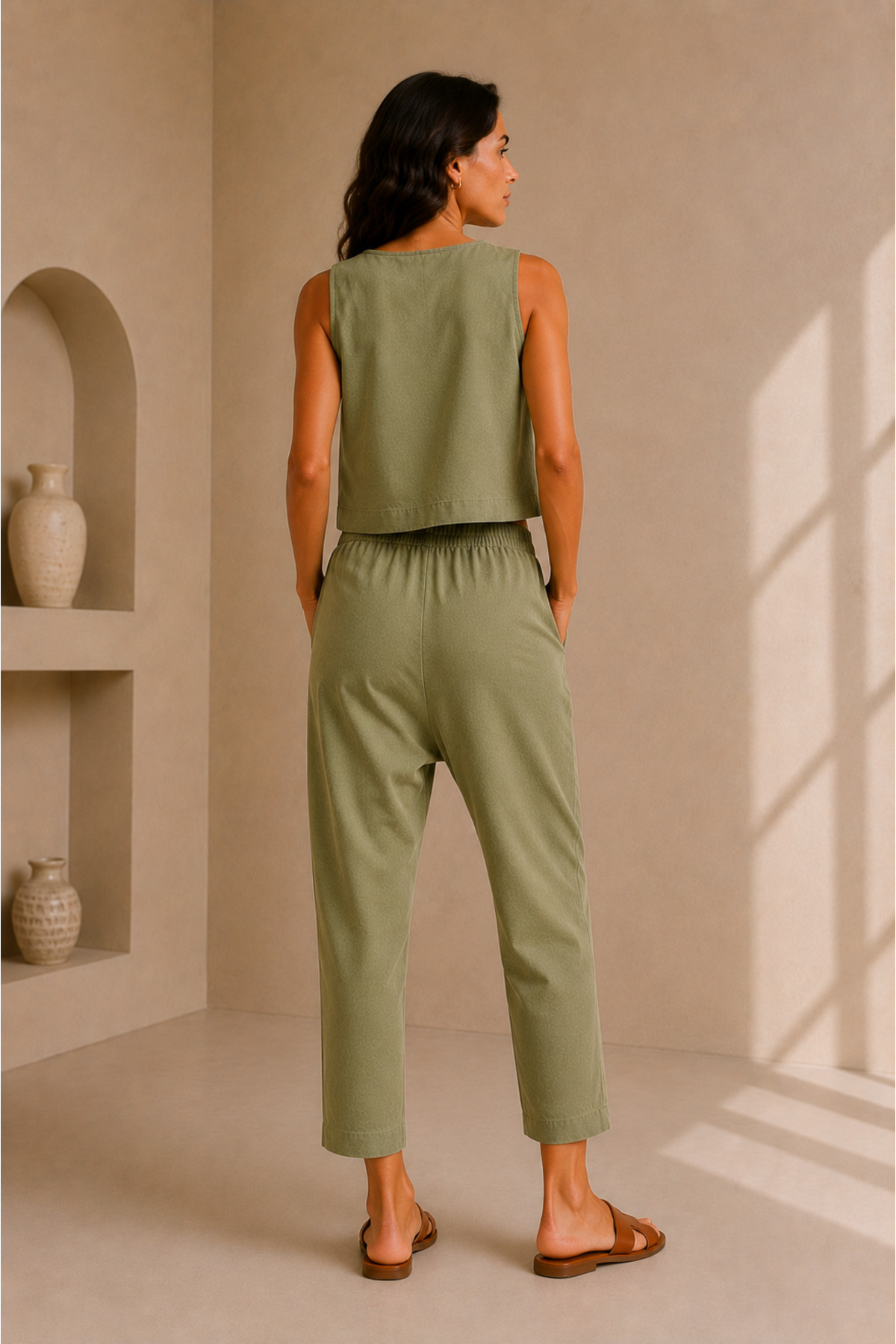 Kadın Haki Yeşili Sıfır Kol Bluz Beli Lastikli Pantolon Keten Alt Üst Takım