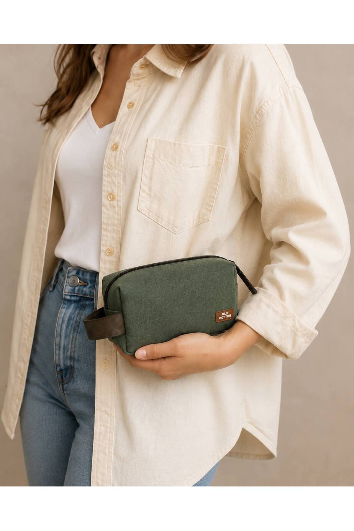 OLD COTTON BAGS Yeşil Kanvas Unisex El Çantası Fermuarlı Günlük Organizer Çanta 22x14x8 cm görsel 5