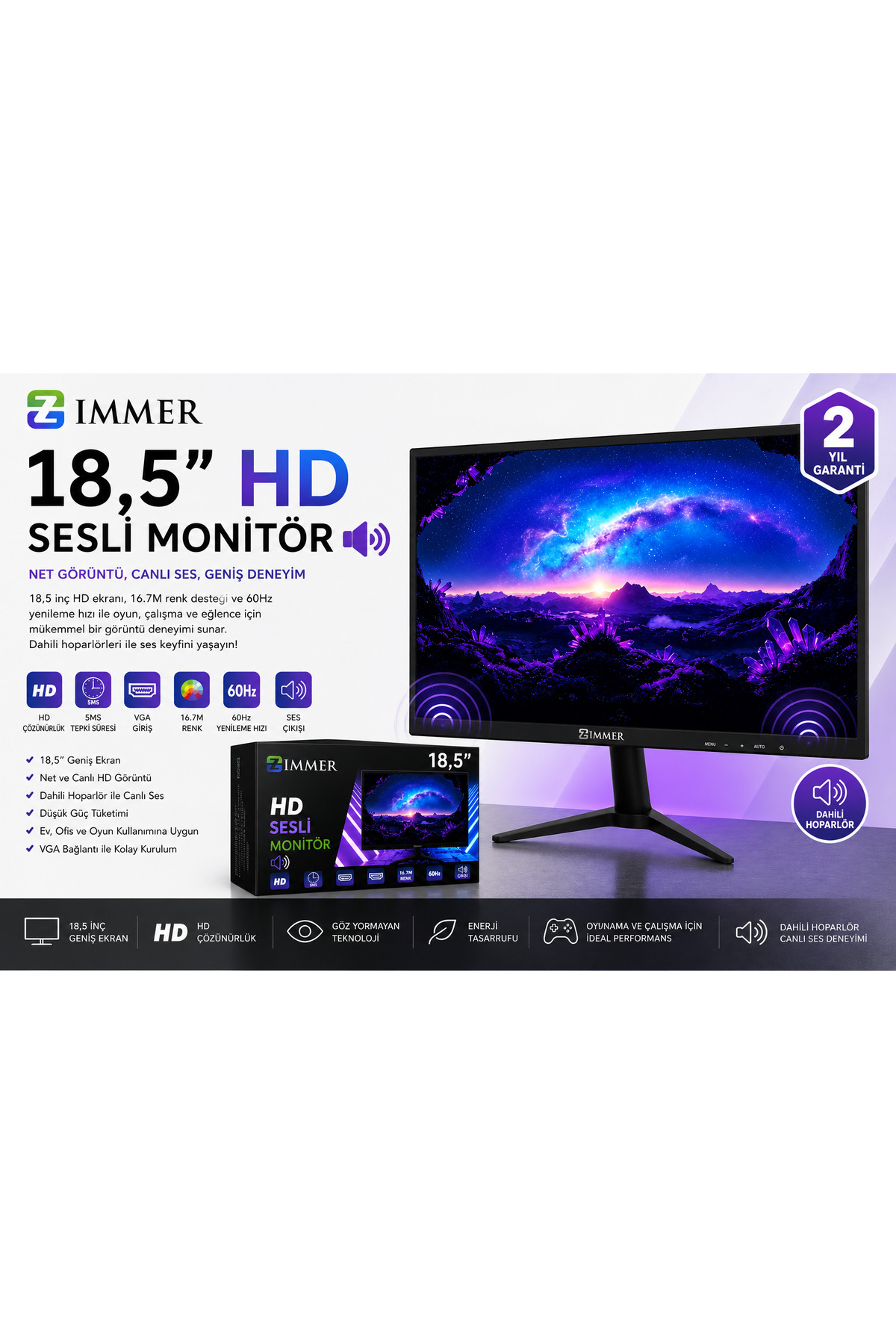 Zimmer 18,5 İ̇nç HD LED Monitör – 60HZ 5MS VGA Girişli