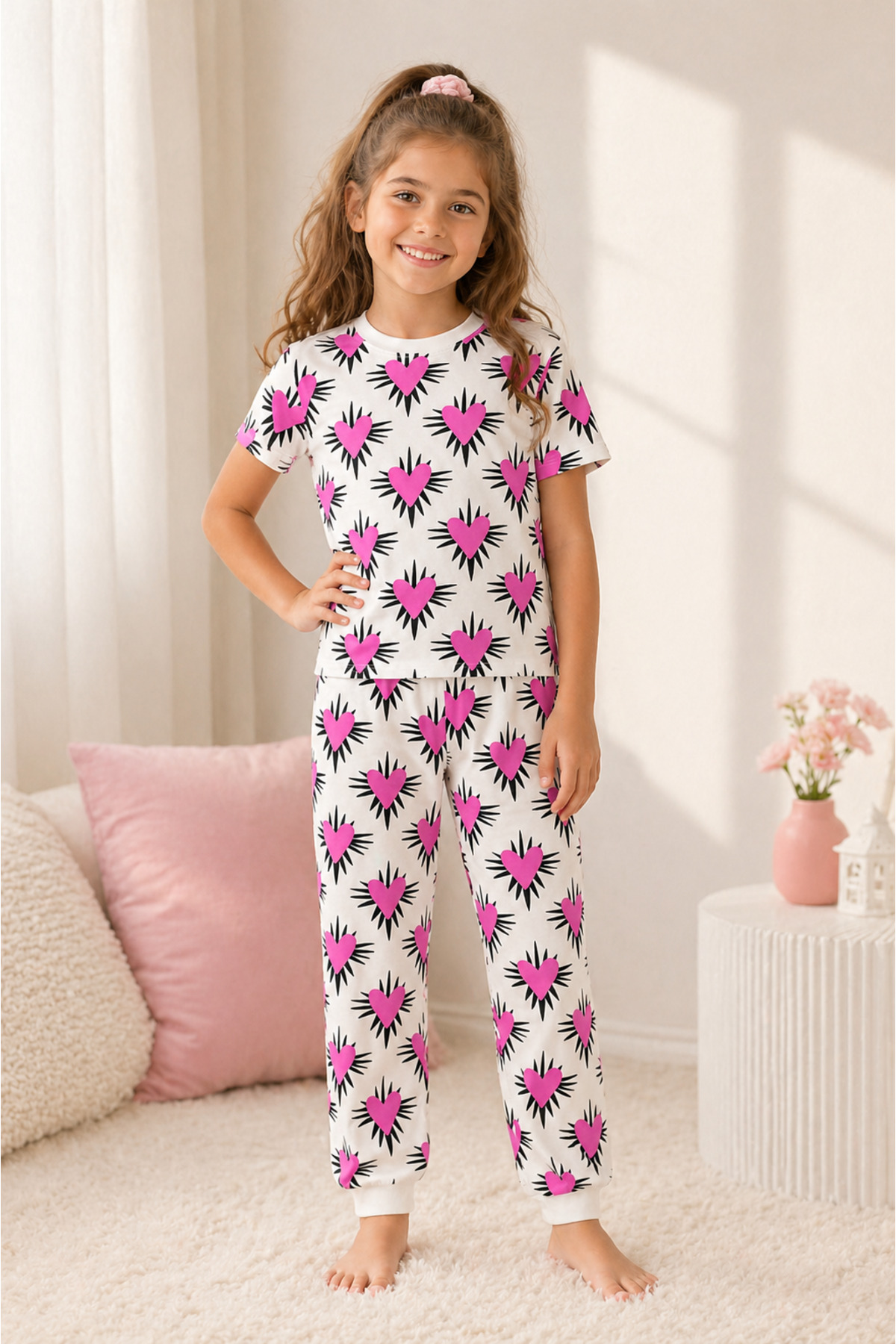 Heart Patterned Summer Baby Girl Pajamas Set