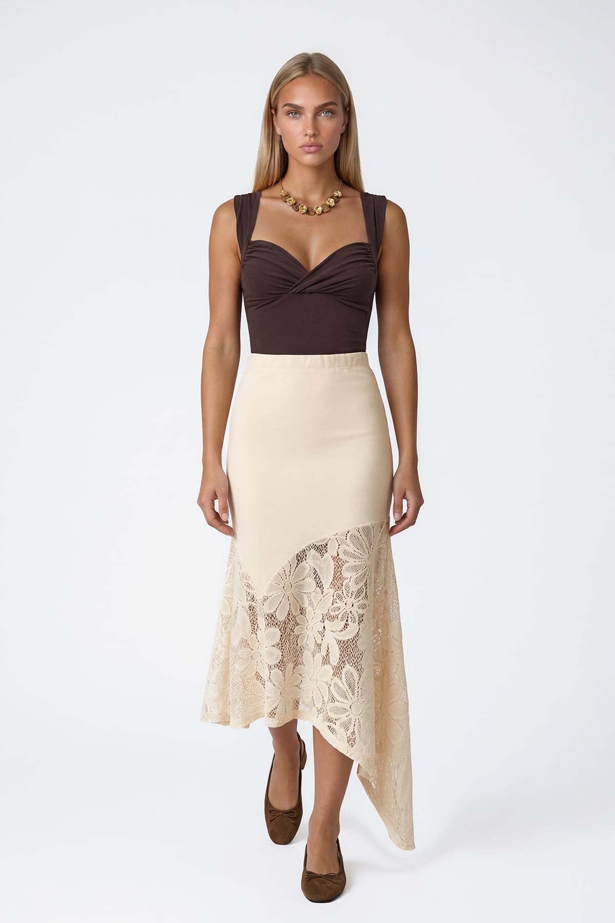 Women's Ecru Asymmetrical Cut Lined Lace Skirt Alc-X15515