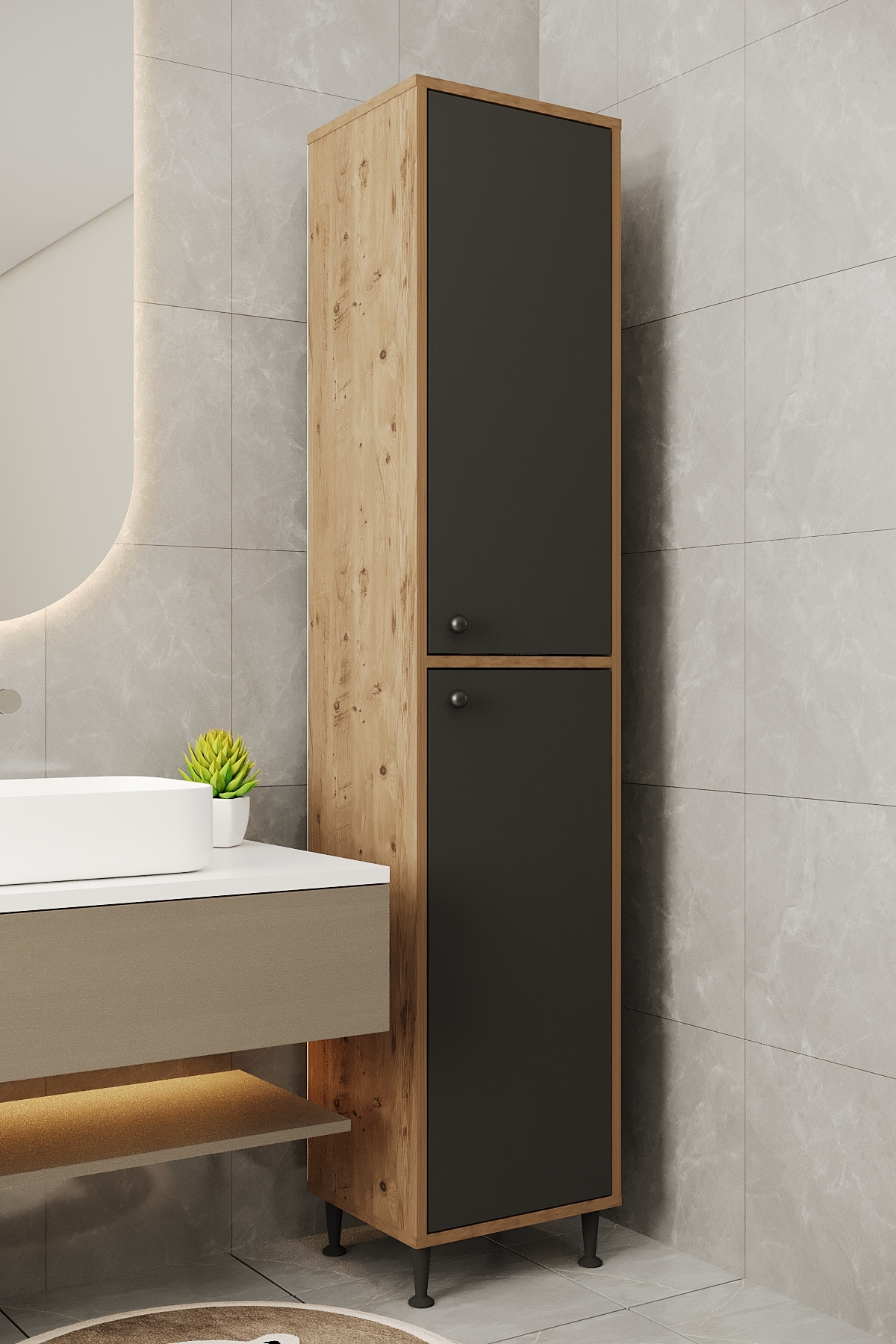 AE-2027 Lina Atlantik Pine/Anthracite 2 Door Multipurpose Cabinet 40x180 cm Narrow High Height Bathroom Multi Compartment Storage Cabinet with Shelf