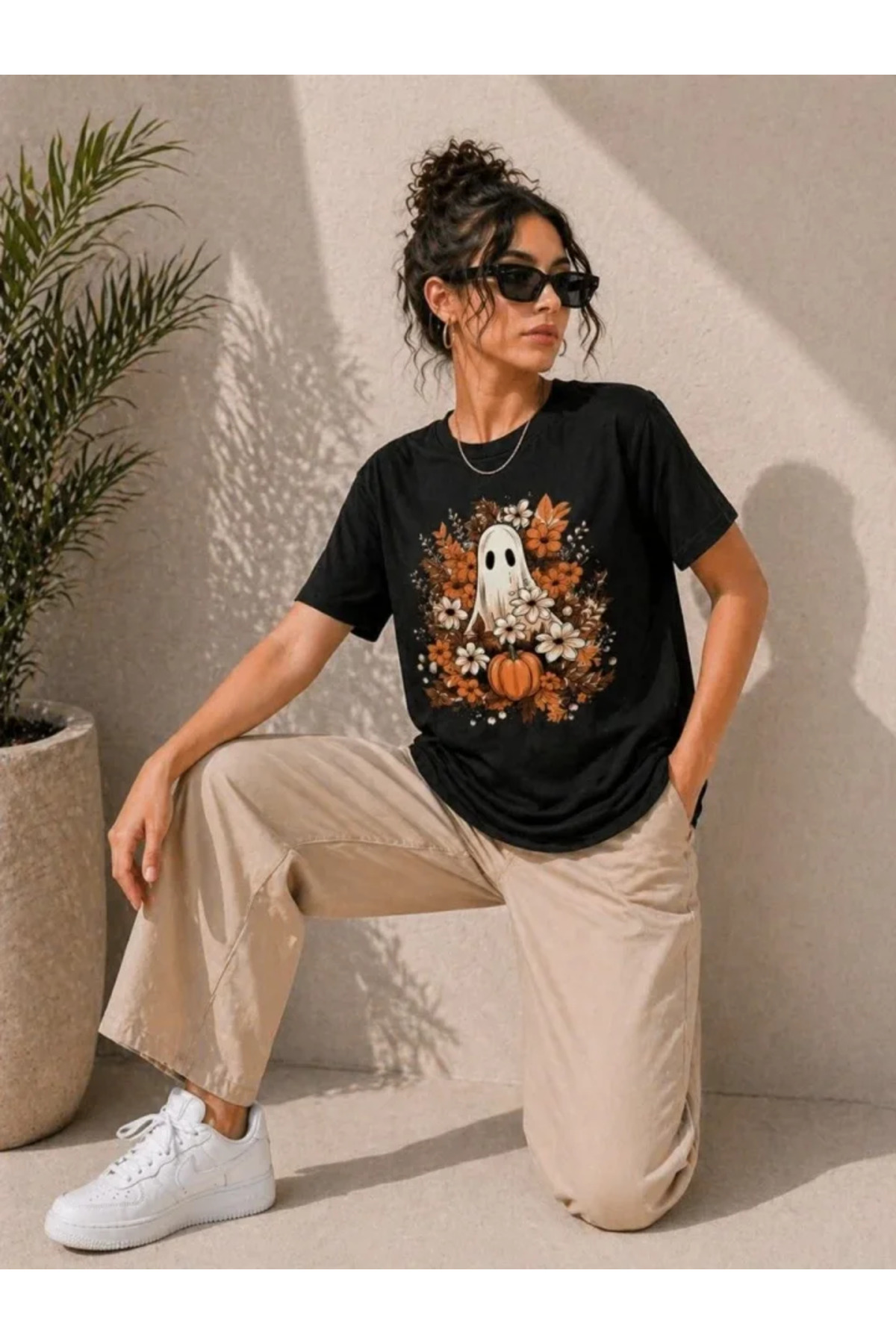 Balkabağı Hayalet Baskılı Tişört Kısa Kol Yazlık T-Shirt - Siyah alternatif görünüm