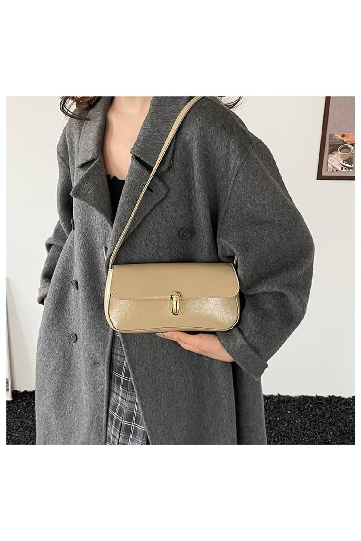 Beige NATA Women's Handbag and Shoulder Bag with Lock Detail görünüm 3