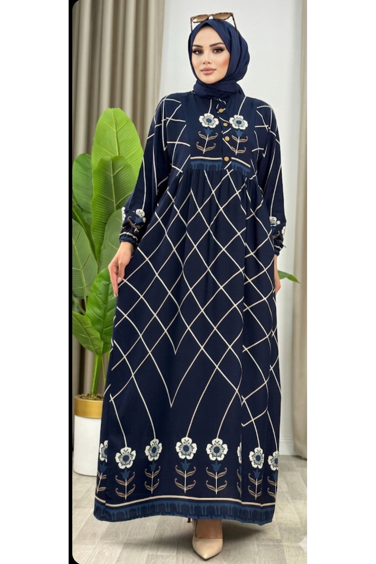 Dagü Design Women's Modest Navy Blue Floral Comfortable Fit Daily Viscose Dress