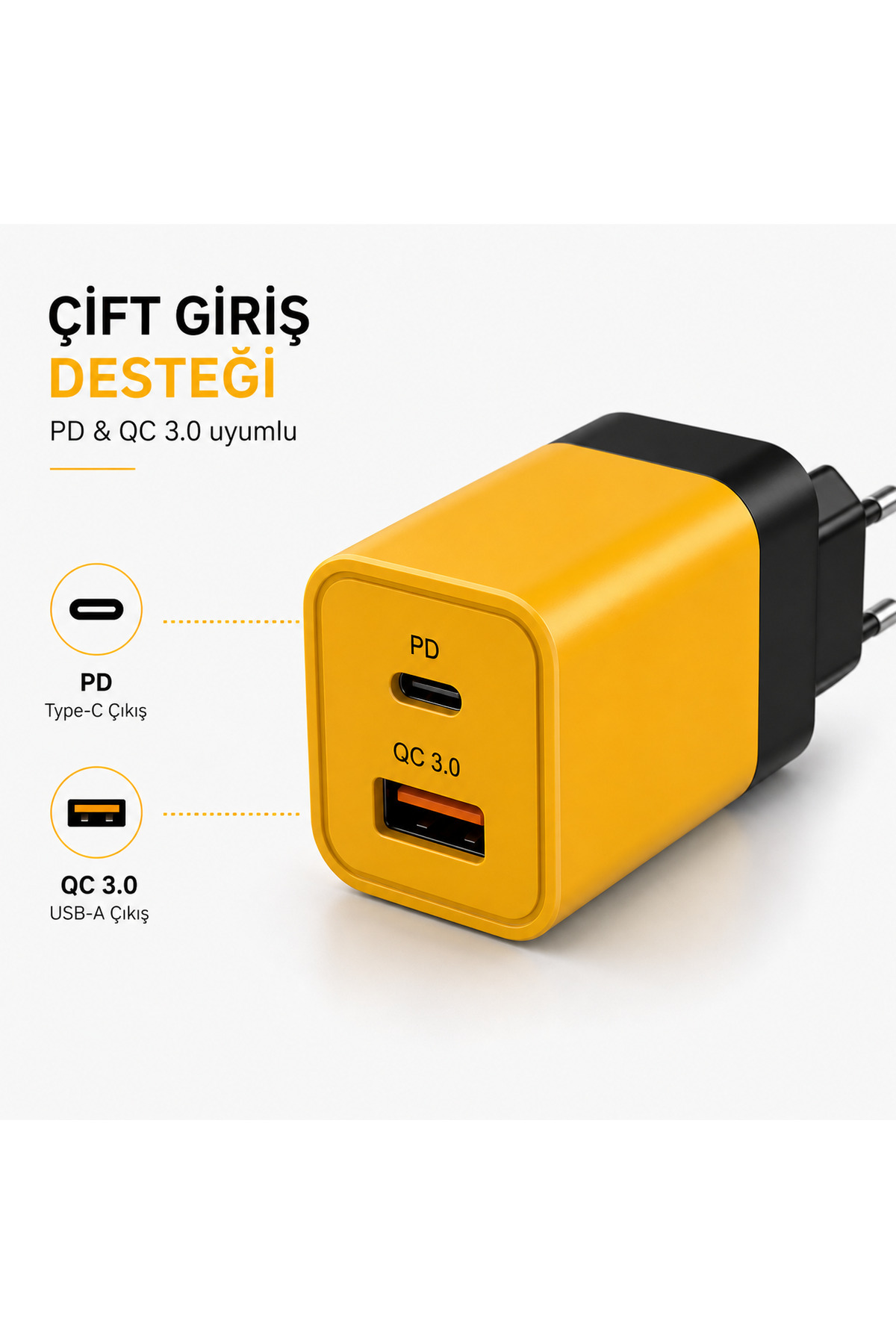 xzemzer Şarj Adaptörü PD QC 3.0 Çift Girişli USB-A ve Type-C