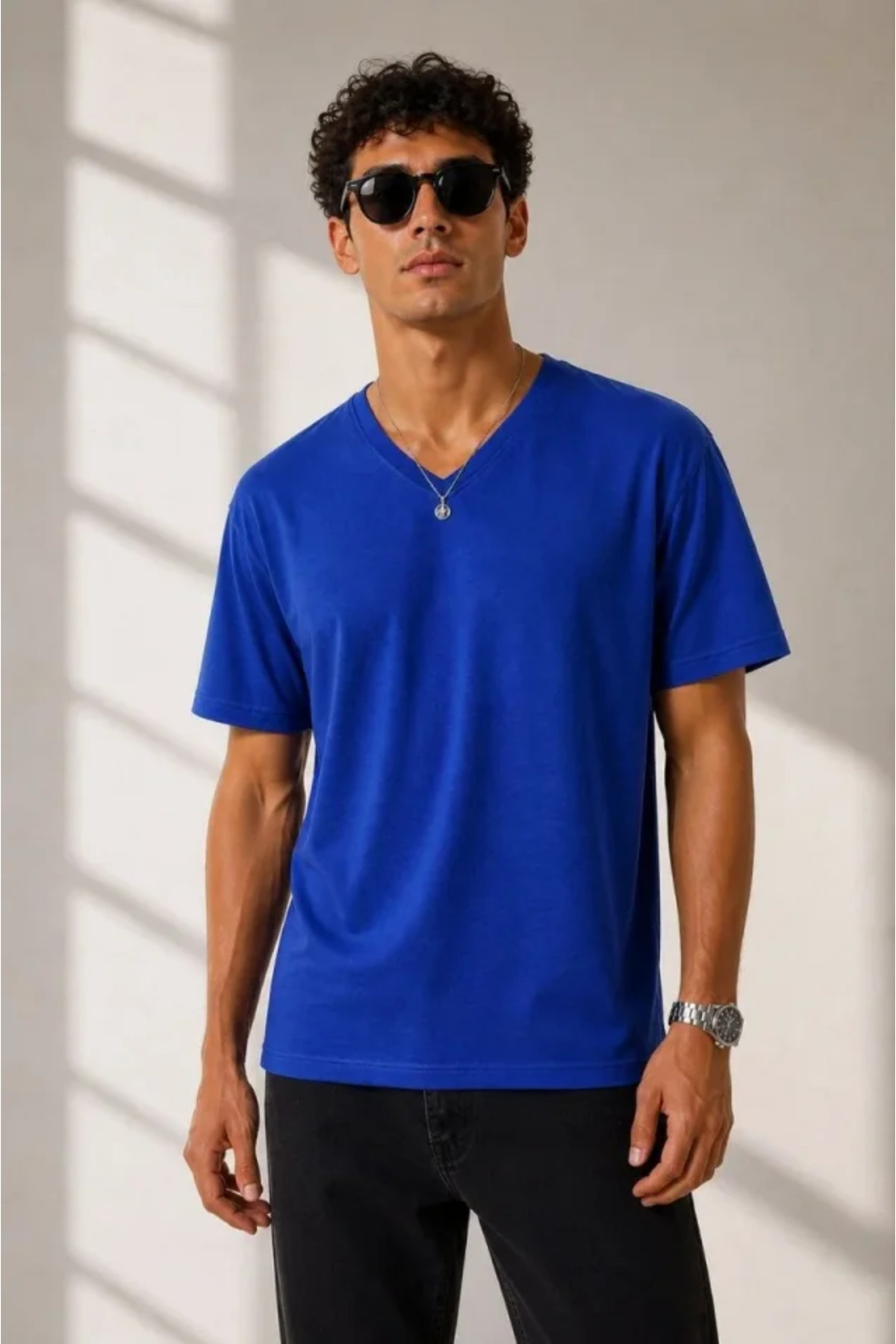Erkek V Yaka Basic Tişört Kısa Kol Yazlık Regular Fit T-Shirt - Saks Mavisi alternatif görünüm
