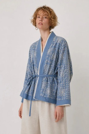 Orfeo Negro Kadın Etnik Nakışlı Kuşaklı Kısa Kimono