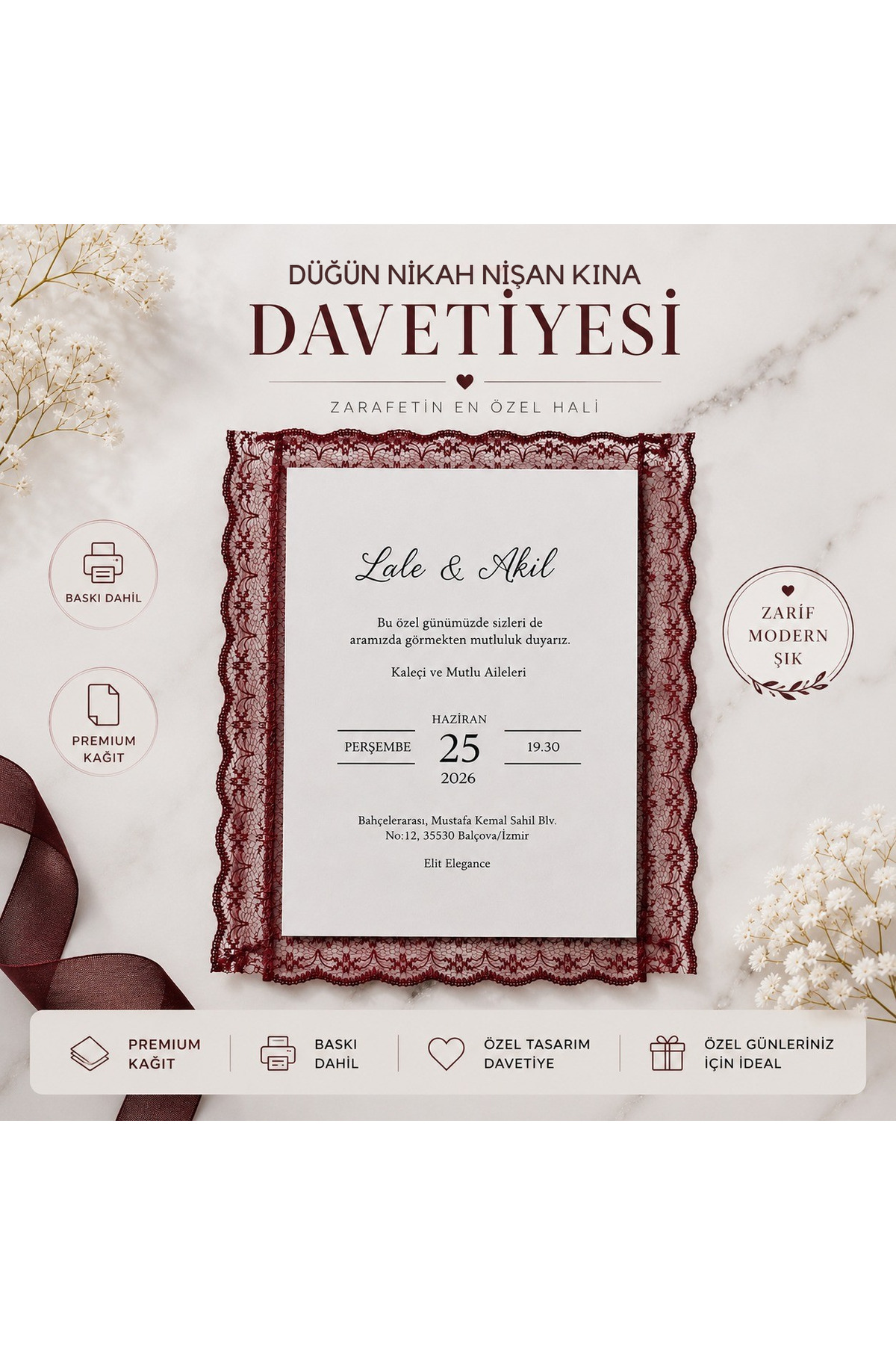 50 Adet Baskı Dahil Bordo Dantelli Lüks Davetiye | Özel Tasarım