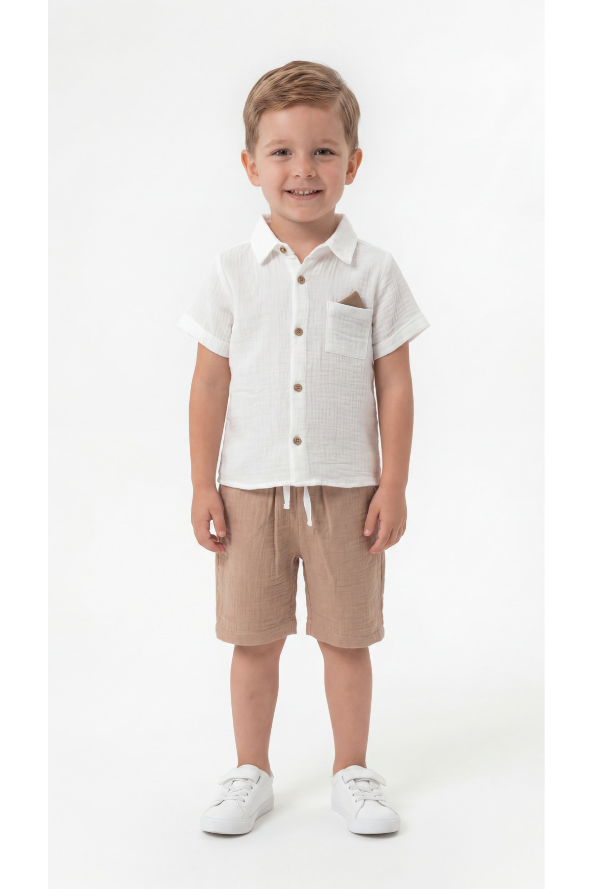 Pocket Detailed Buttoned Short Sleeve Boys' Shirt & Shorts Set