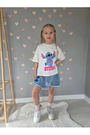 noble baby&kids Stitch Nakış Detaylı Kristal Kot Şort Etek ve Pamuklu Penye T...