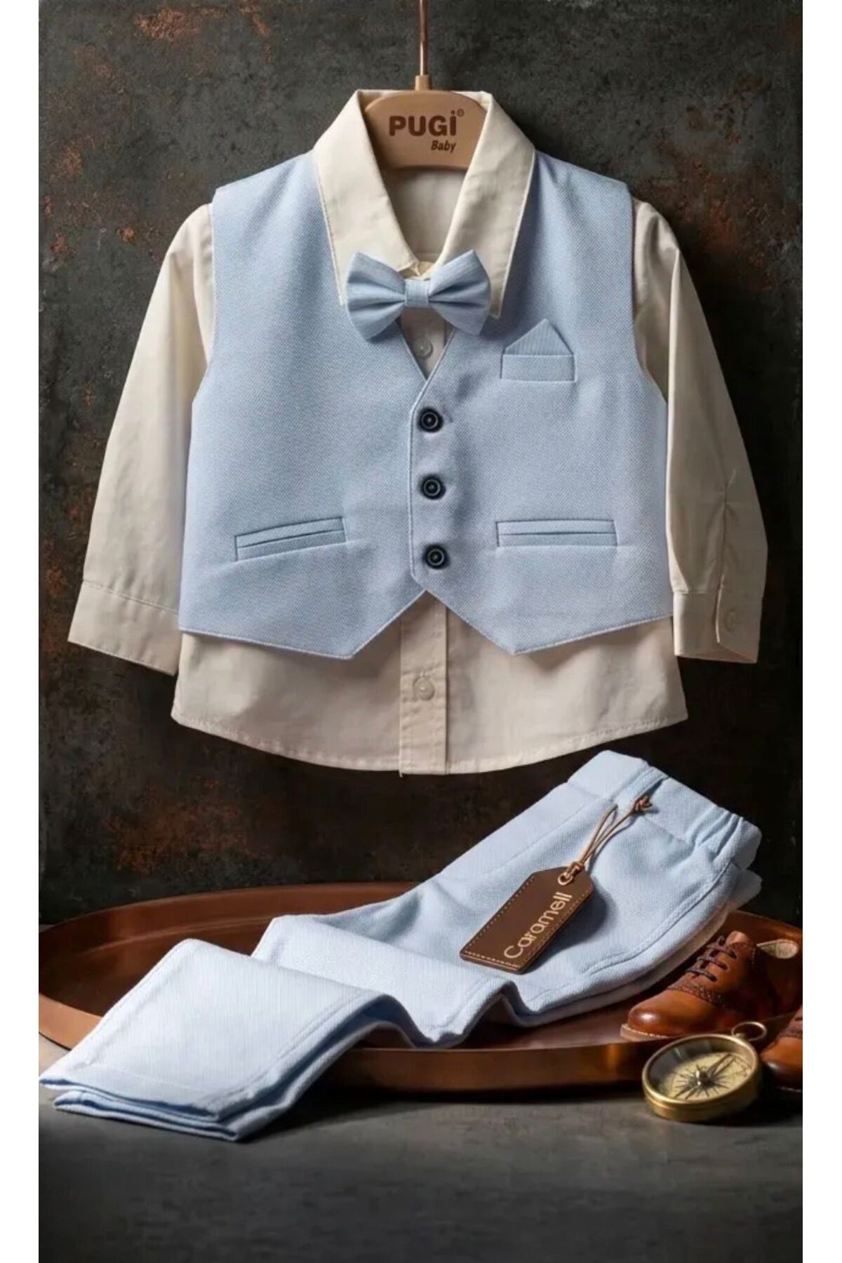 Pugi Baby Boy's Bow Tie and Vest Set - Blue