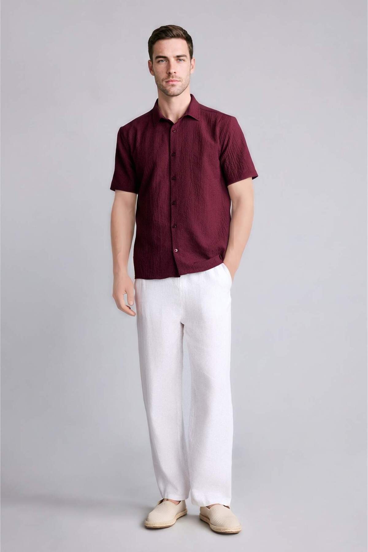 Regular Fit Polo Yaka Krinkıl Kısa Kollu Gömlek E1223AX26SM — زرشکی — تصویر 2 از 5