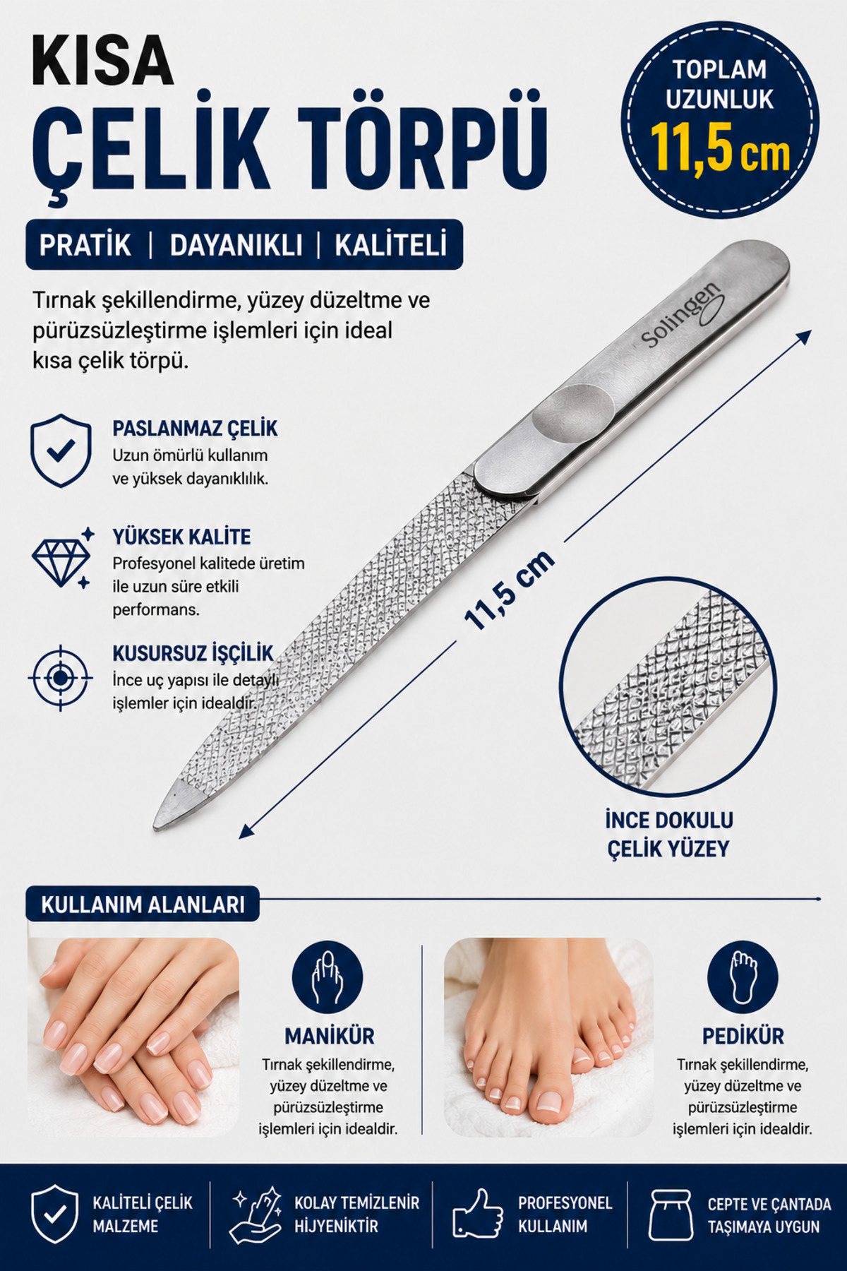 11,5 cm Kısa Çelik Tırnak Törpüsü Paslanmaz Metal Manikür Pedikür Bakım Törpüsü — Solingen_SykuTörpü